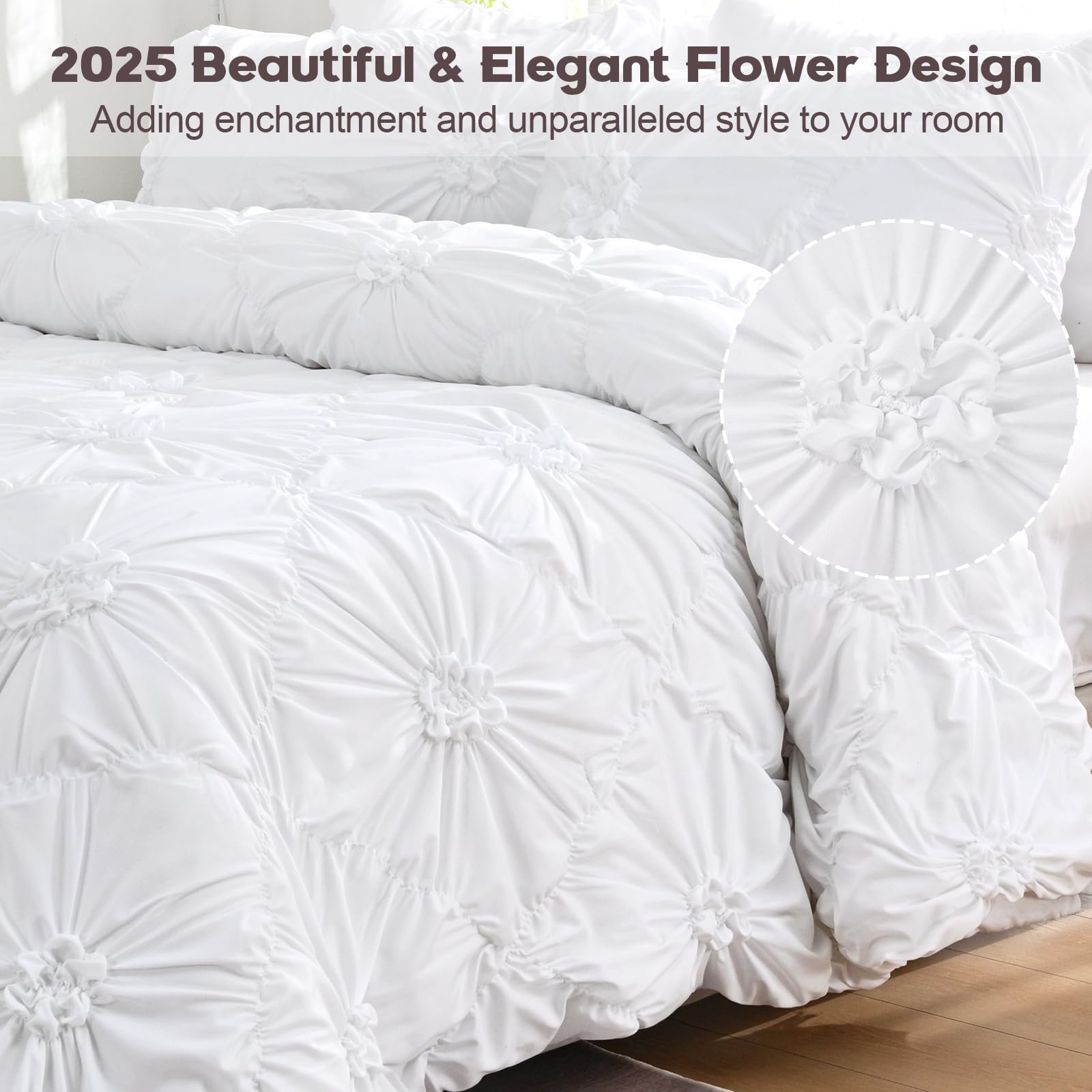 Uspring Quilts Queen Size Elegant Flower Bedding Set with 2 Pillow Shams, Lightweight Soft Quilted Bedspreads Cozy Stylish Floral Bedding Comforter Sets for All Season (White, 90'' x 90'')