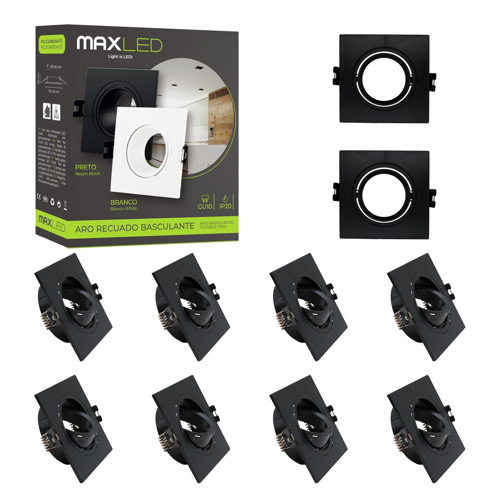 Maxled, Light is Led! 10x Frame for Recessed Ceiling Lights GU10 Downlights for Ceiling LED/Halogen Mounting Frames Square Black Tilt Swivel Spotlight Fitting Outer Diameter 93x93x25mm Cutout Φ75mm