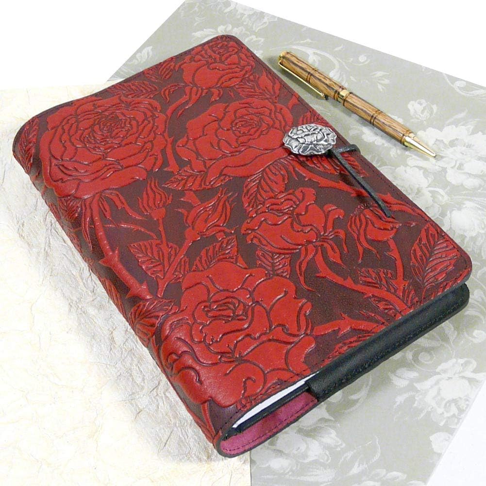 Modern Artisans Wild Red Rose Embossed Leather Writing Journal, American Made, 6 x 9-inch + Refillable A5 Hardbound Insert Book