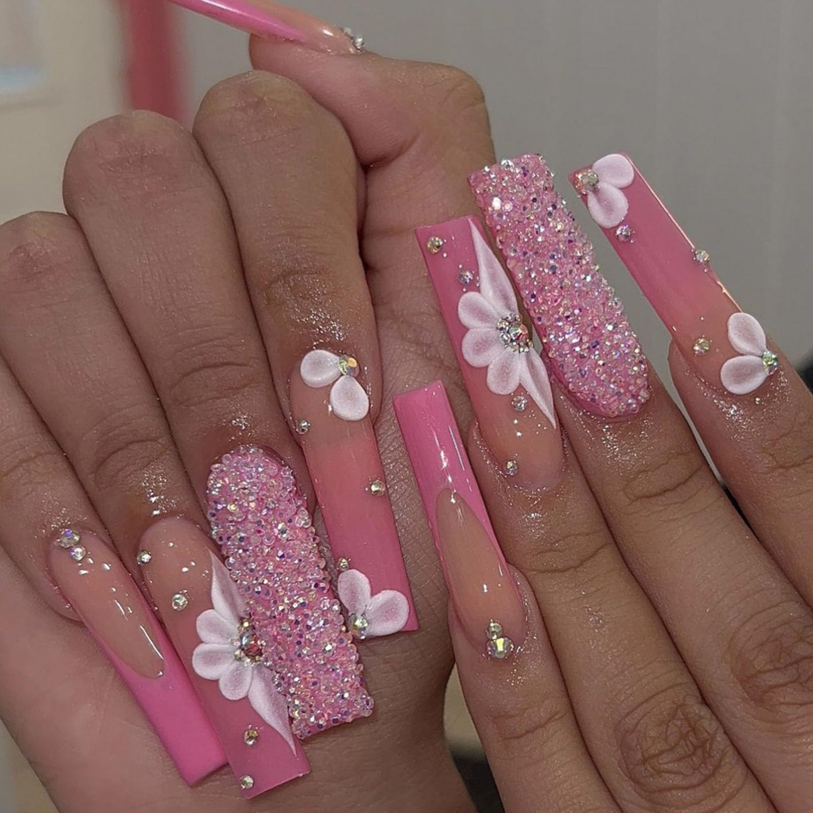Press on Nails Long Square Fake Nails with 3D Flower Rhinestones Designs Pink French Nails Press ons Glossy Glue on Nails Nude Acrylic Nails Cute