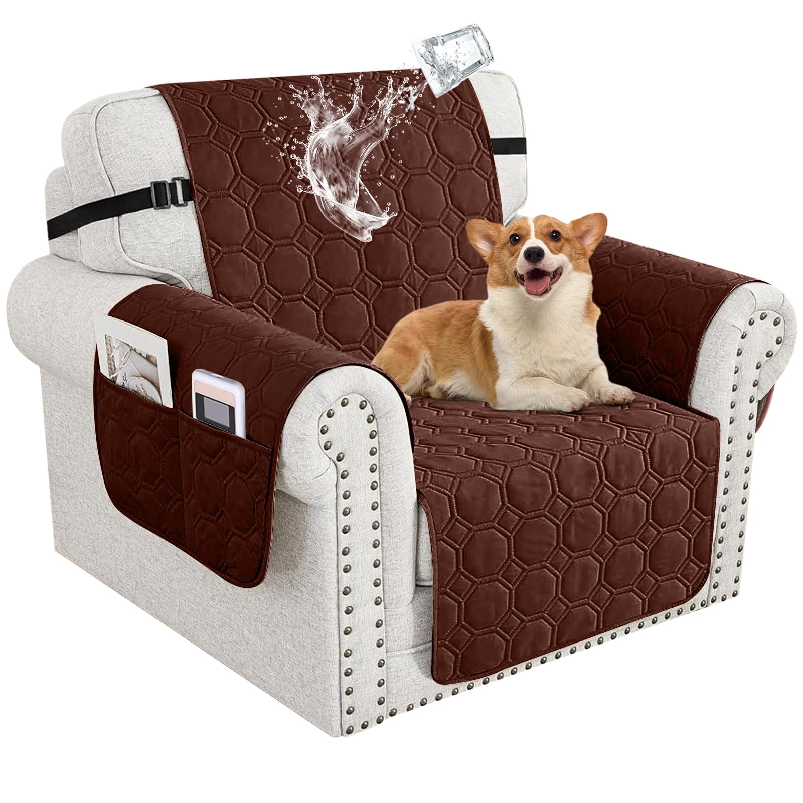100% Waterproof Sofa Covers for Pets, Non Slip Sofa Slipcovers Couch Cover for Living Room Washable Pet Couch Cover with Elastic Straps Furniture Protector (Dark Brown,1 Seater)