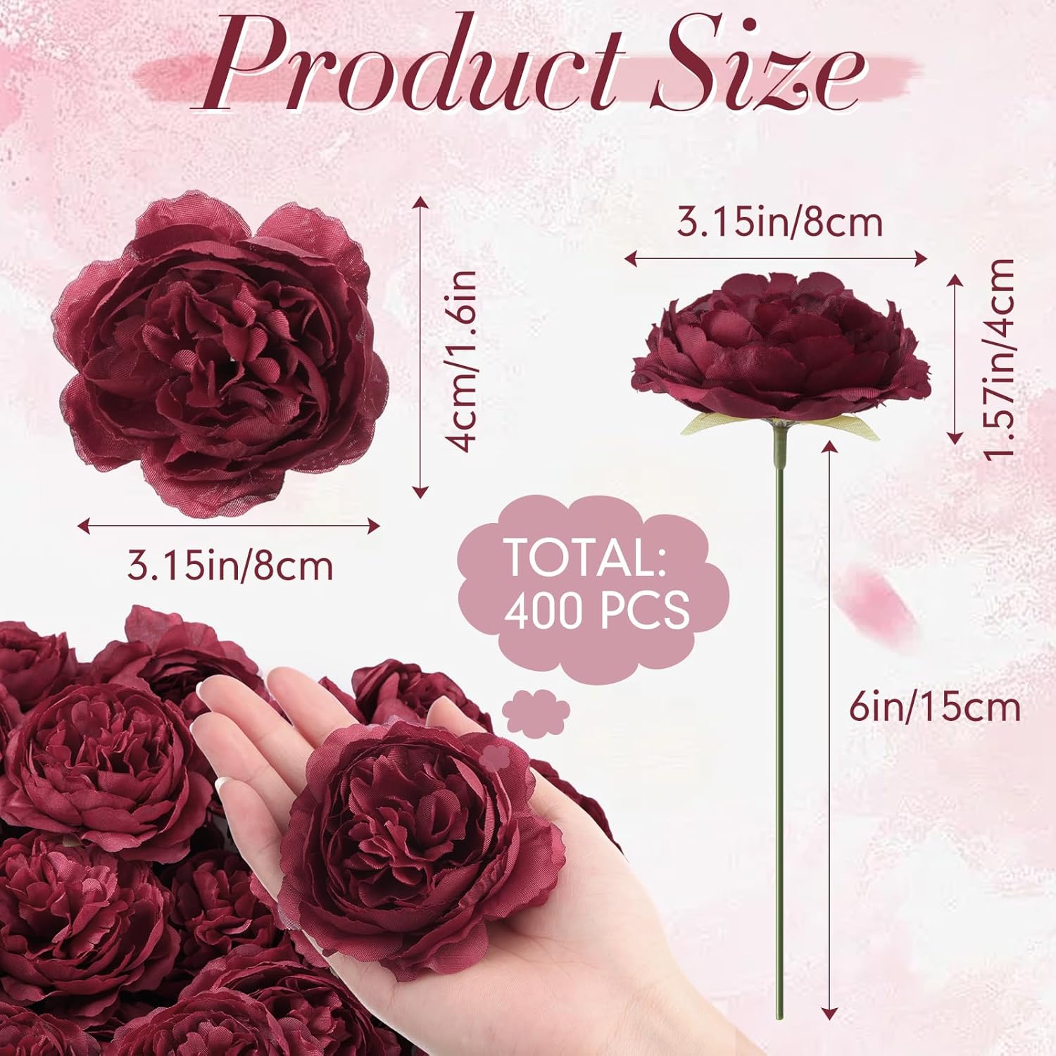 Thiccywoov 400 Pcs Flowers Long Stem Artificial Rose Bulk, 3.2 Inches Silk Rose Head Flowers Fake for Wedding Bridal Bouquet Independence Day Home Floral DIY Centerpieces Party Decoration (Burgundy)