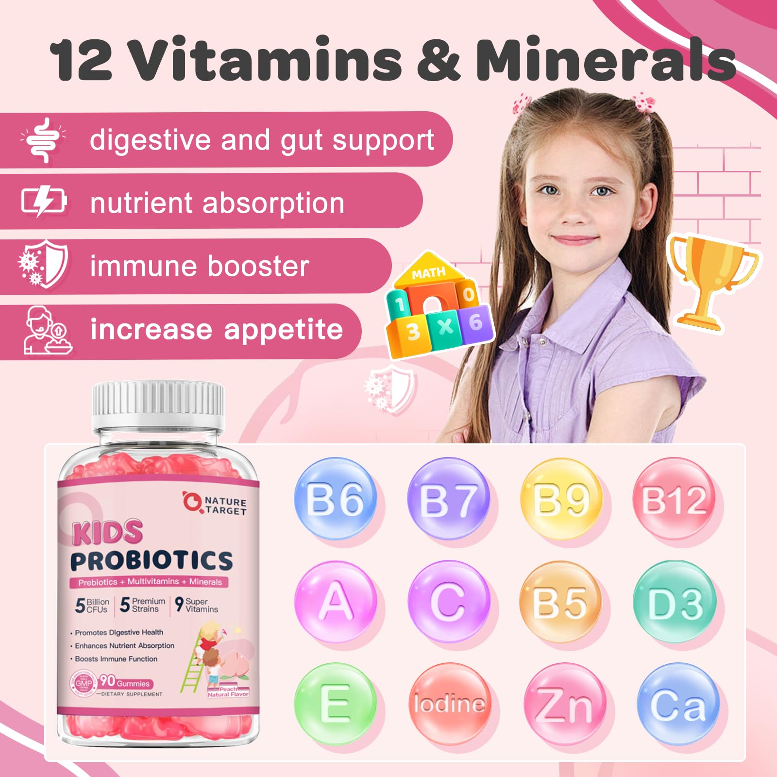 Probiotics for Kids, Kids Probiotic-Multivitamin Gummies with 5 Billion CFUs for Digestive Health & Immune Support, with Vitamins, Prebiotics, Minerals for Children, Natural Peach Flavor, 45 Servings