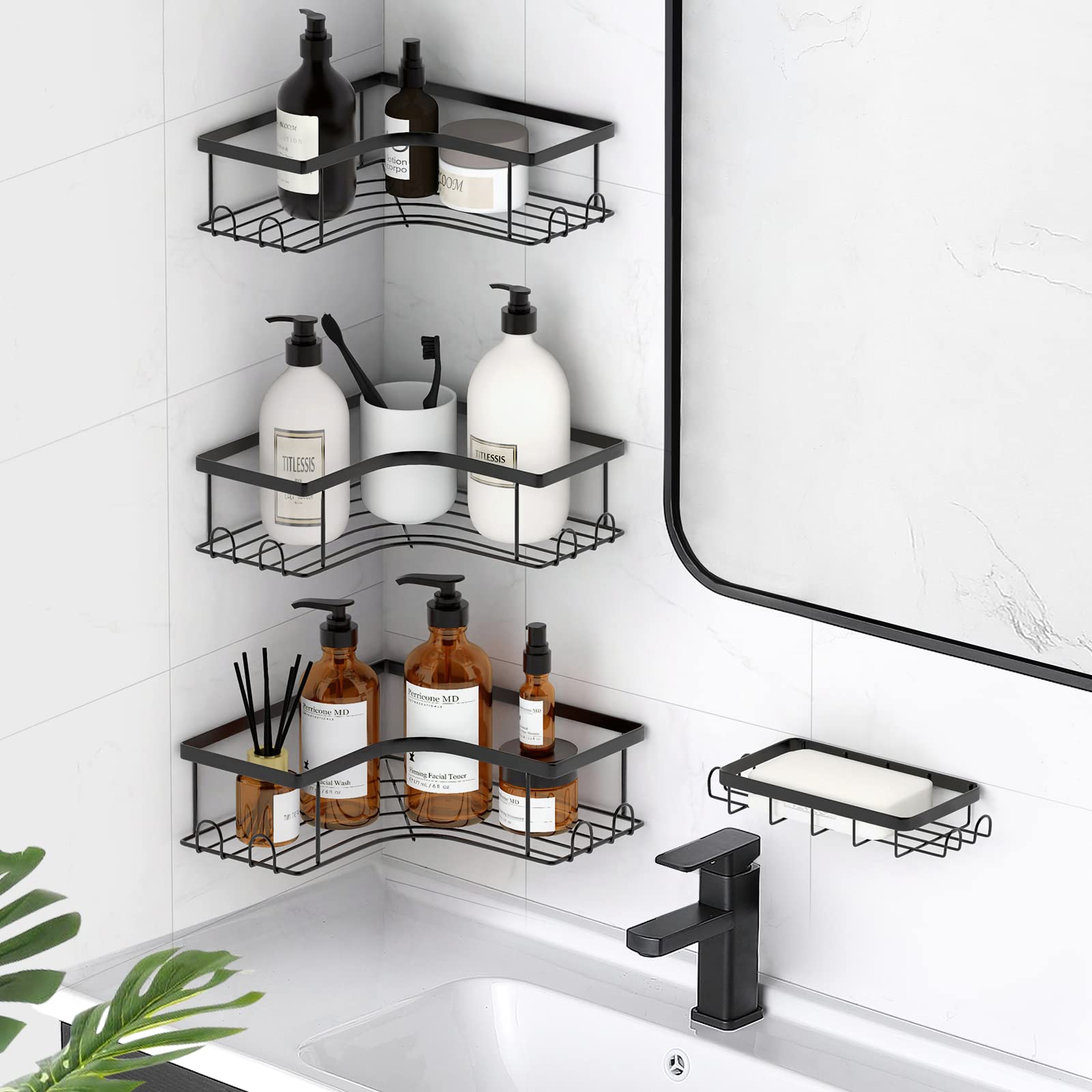 LiviNGPAi Corner Shower Caddy, Corner Shower Organizer, Corner Shower Shelves, Adhesive Bathroom Organizer for Bathroom Storage, Large Capacity Shower Rack for Toilet, Kitchen and Dorm (4 Pack)