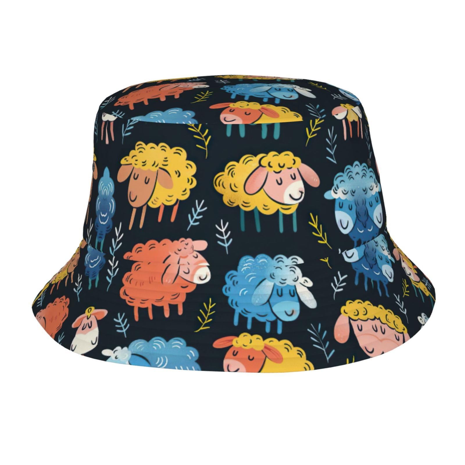 Kfjghhl Cute Colorful Sheep Cartoon Pattern Bucket Hat Unisex Lightweight Outdoor Summer Beach Fisherman Headwear Getaway Vacation Black