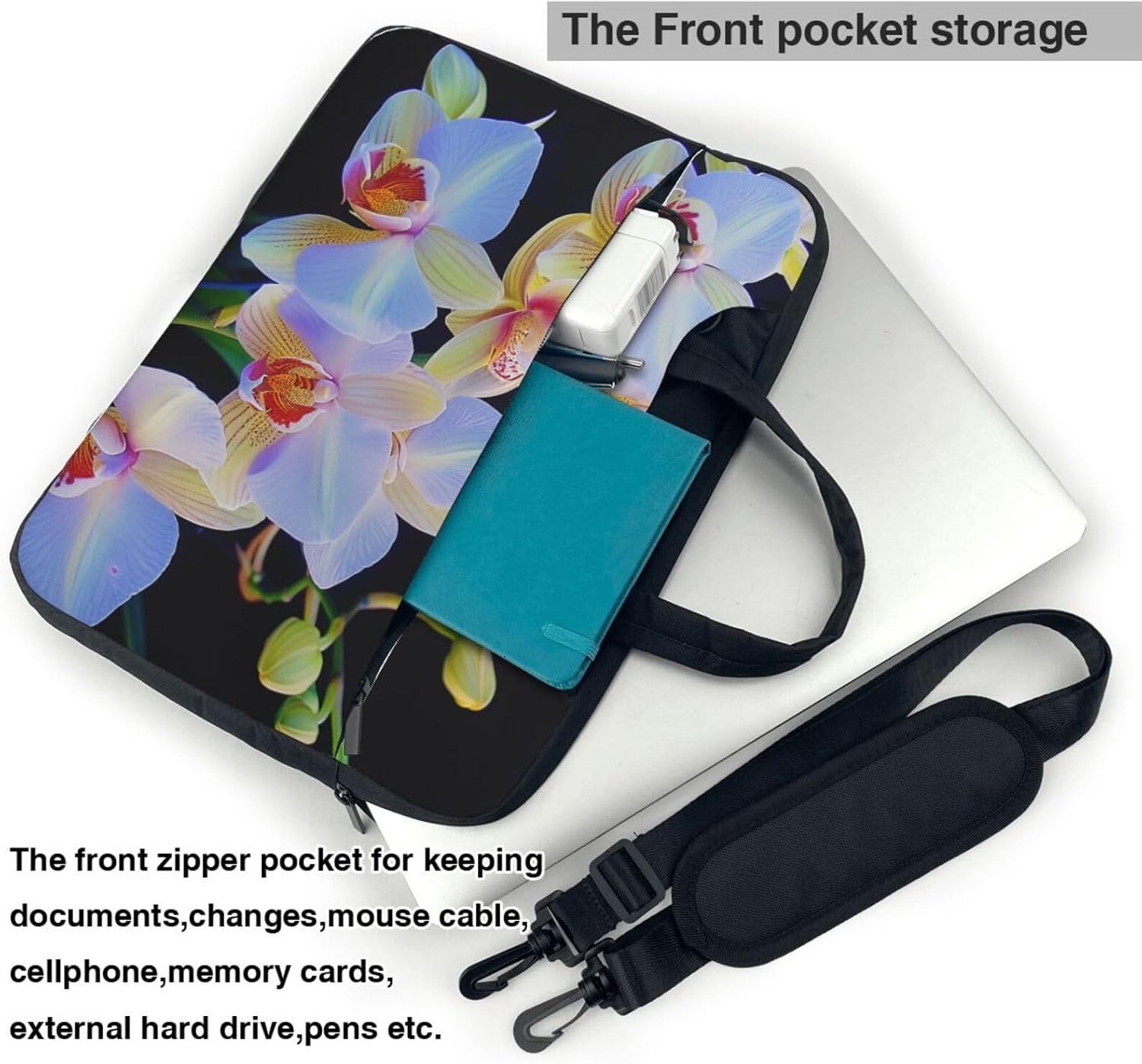 Printed Laptop Bag Orchid Print Triple Layer Protection Shockproof Crossbody Laptop Shoulder Bag for Women Men