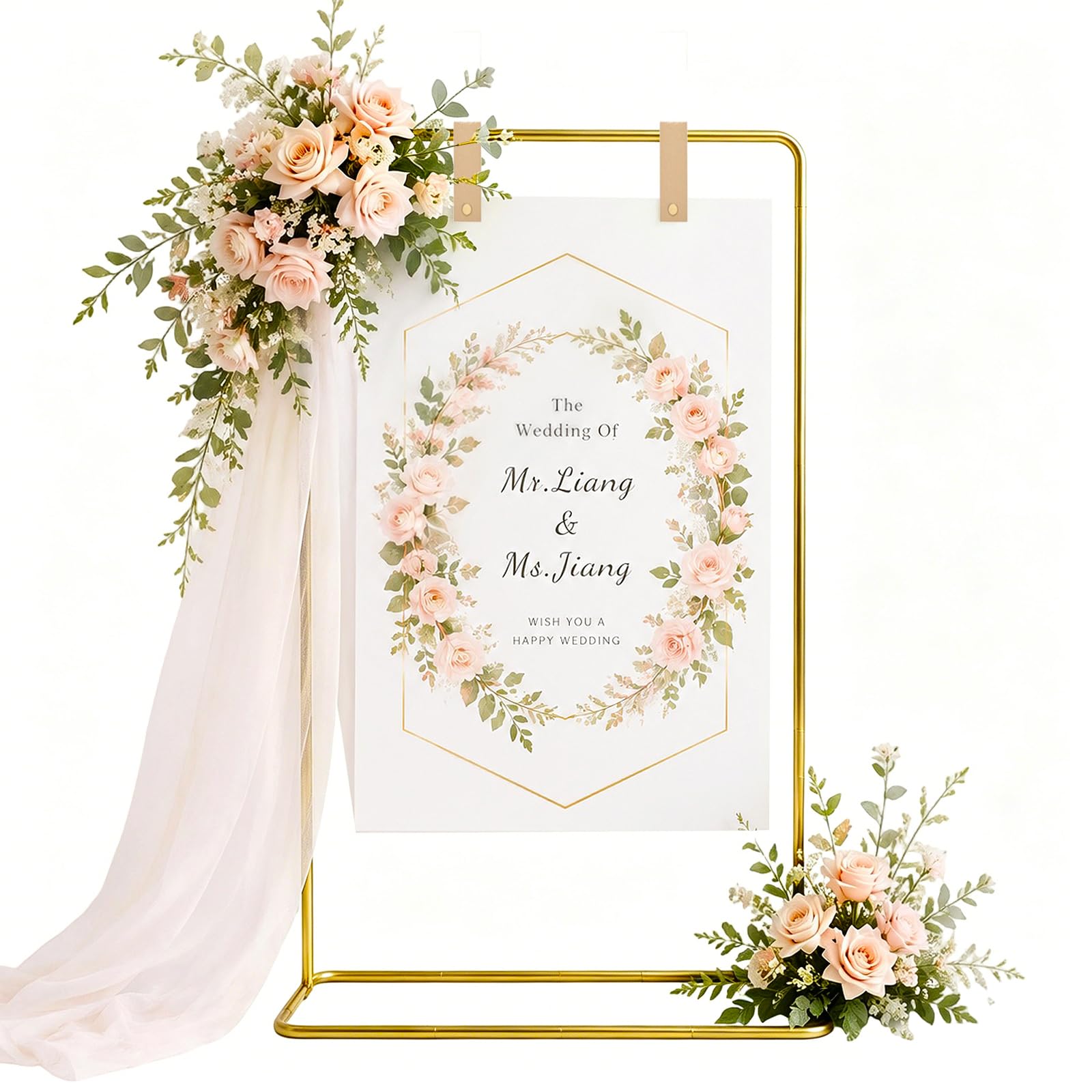 Support de plaque de mariage en métal 80 x 50 x 173 cm, chevalet réglable pour plaque de bienvenue, plan de siège et affiche, support de mariage avec 4 sangles en cuir pour réception et