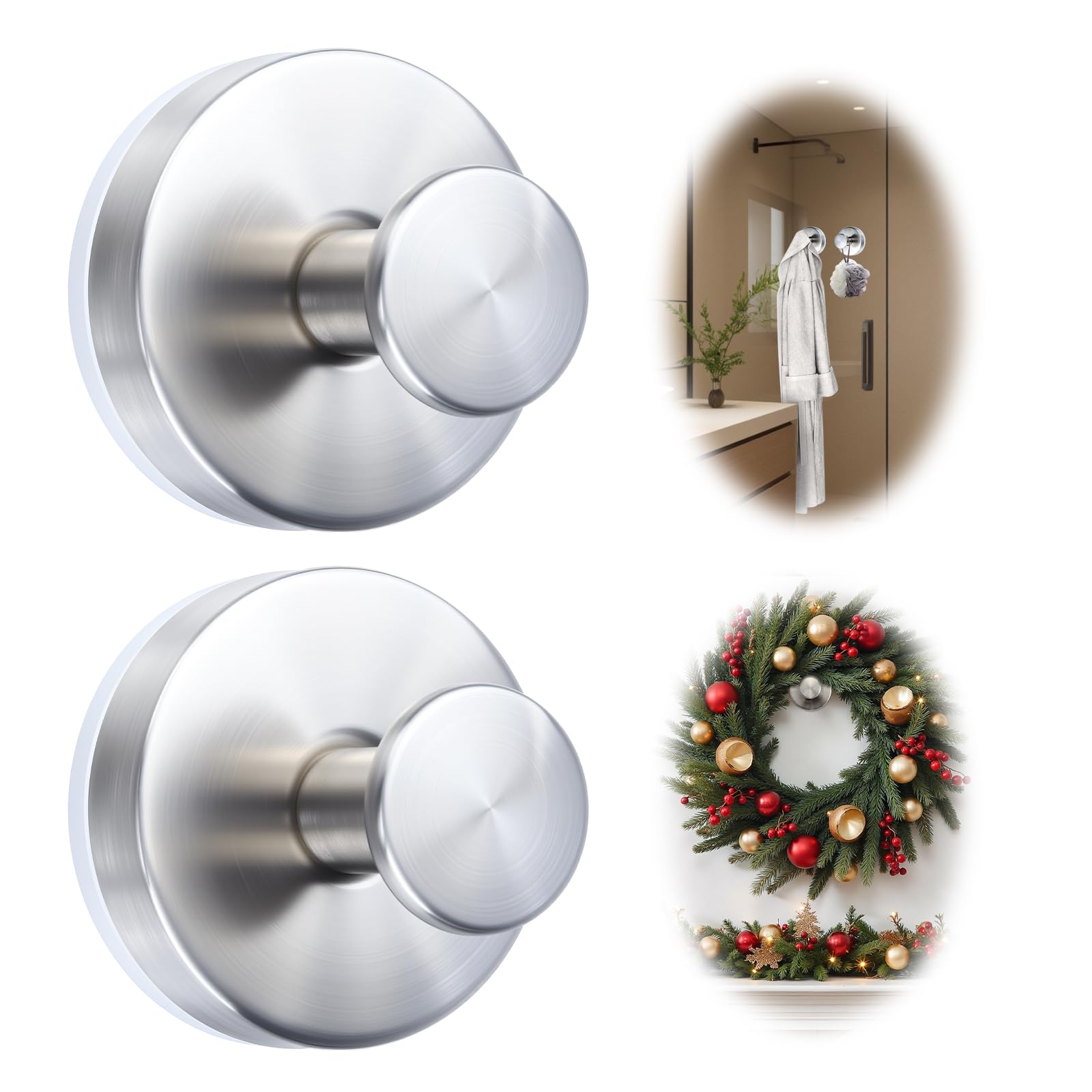 WellMade 2 Pack Brushed Stainless Steel Suction Cup Hooks for Shower Bathroom Kitchen Waterproof Rustproof Wall Hooks for — view 2