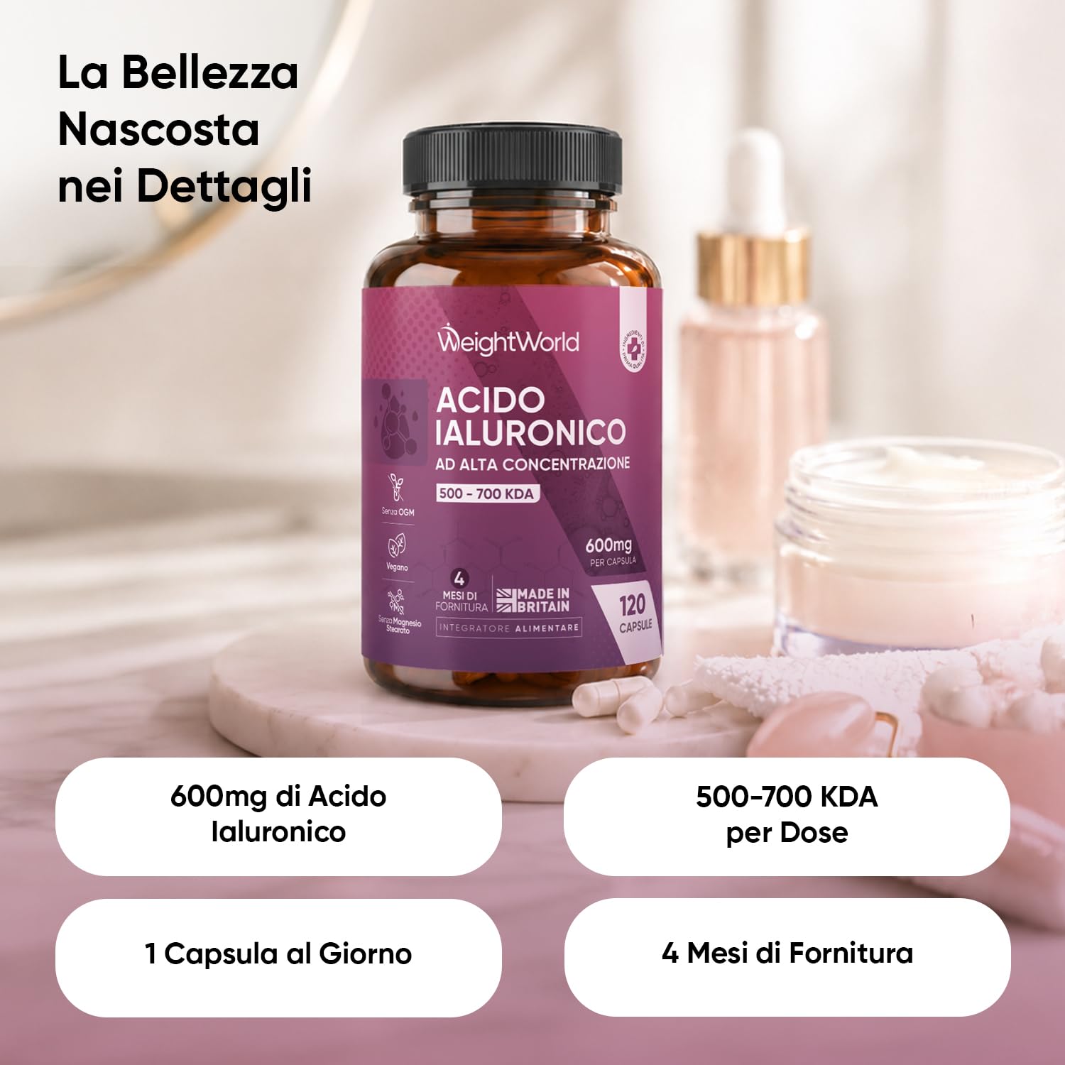 Collagene Marino Idrolizzato 1800mg + Acido Ialuronico 600mg Bundle | 180 Compresse + 120 Capsule, Peptidi di Collagene Tipo I e III con Vitamina C, Acido Ialuronico Integratore, 500-700 kDa, GMP