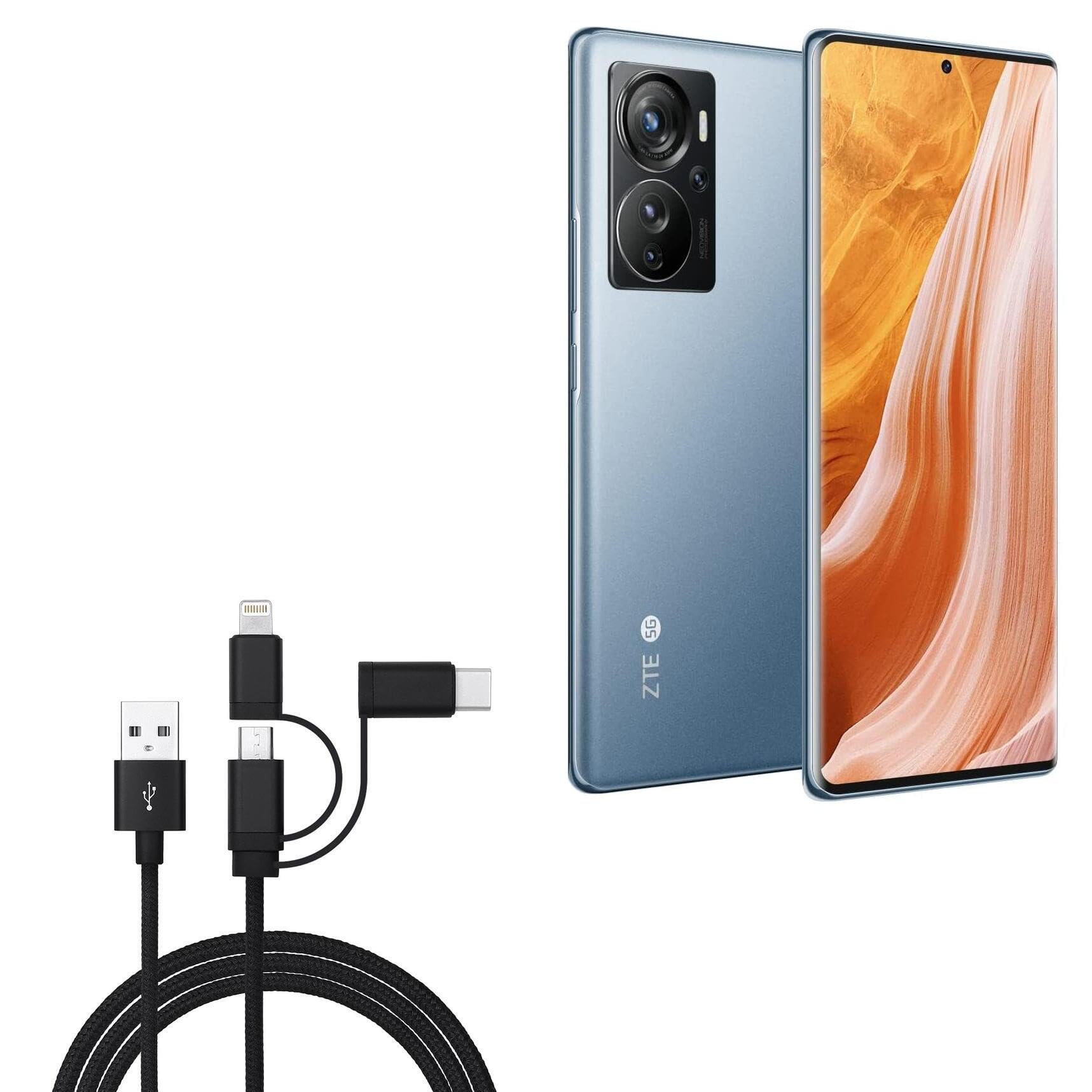 BoxWave Cable Compatible with ZTE Axon 40 Pro - AllCharge 3-in-1 Cable - Jet Black