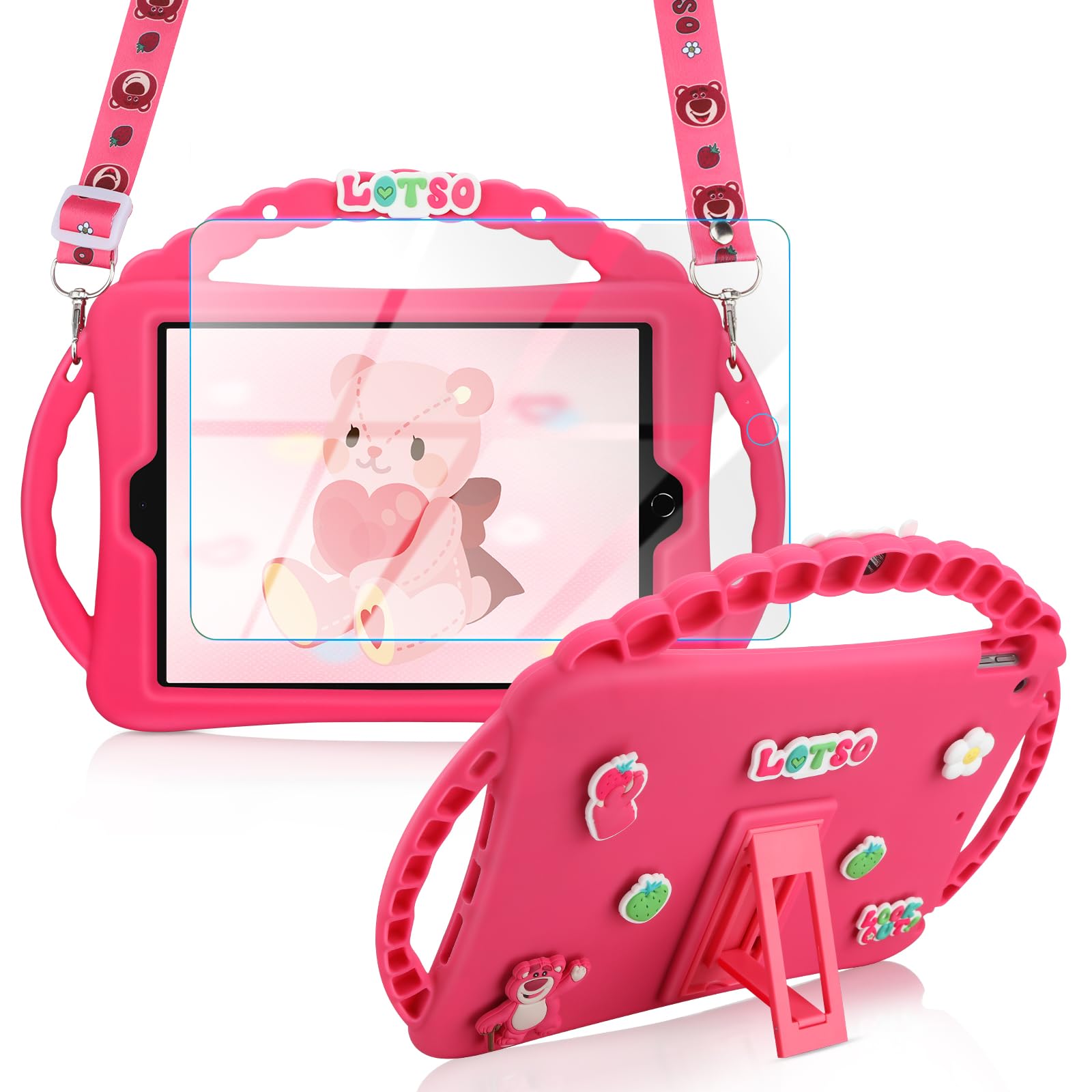 WESADN for iPad 9th Generation Case 8th 7th Generation with Screen Protector/Kickstand/Handle/Shoulder Strap for Kids Girls Cute Bear Silicone Cover for iPad 2021 2020 10.2 inch Rose Red