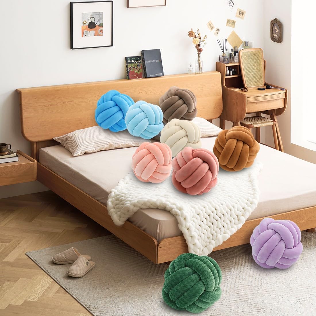 KUCCO Knoten-Plüsch-Überwurfkissen, rundes Ballkissen, Kinderzimmer-Dekoration, Plüschspielzeug, Fotografie-Requisiten (Gelb, 20 cm) | Weiches Plüsch-Kugelkissen, handgeknüpft, für Sofa, Couch und Schlafzimmer, niedlicher Heimdekor-Akzent