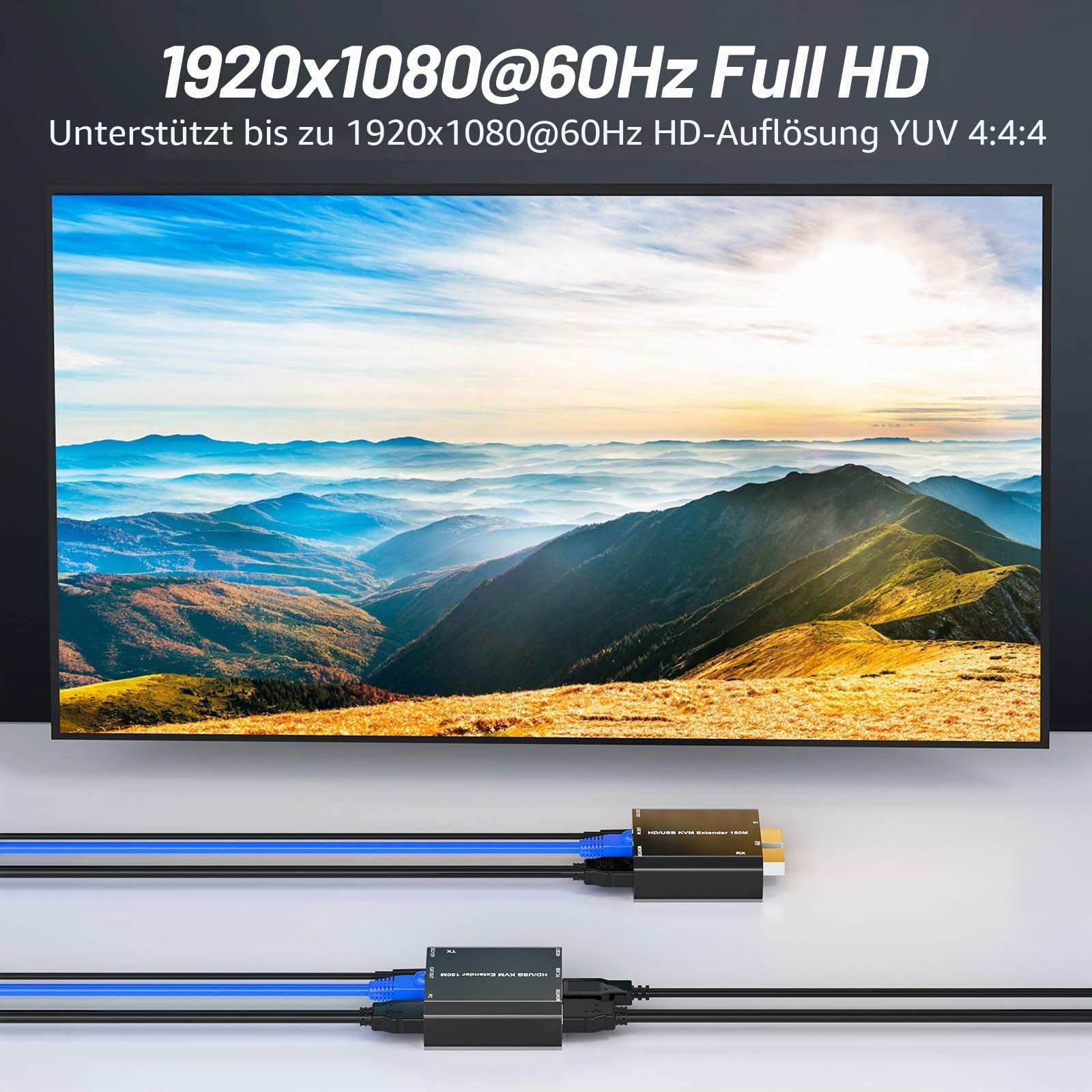 HDMI USB KVM Extender, KVM USB HDMI Extender over CAT6 / CAT5e up to 150M, Lossless Latency, Plug and Play, 1080P@60Hz, Loop Out, POE, Mouse and Keyboard Remote Control PC