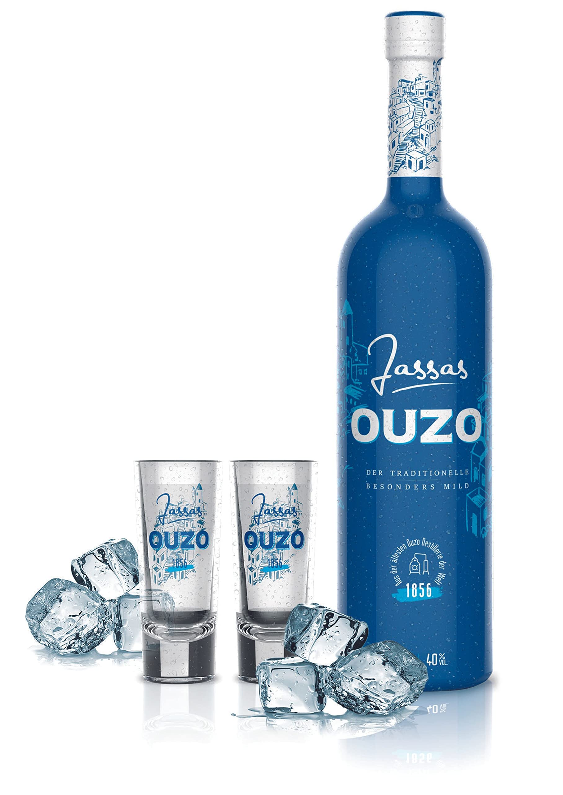 Jassas Ouzo 40% 0,7l + 2 Gläser in hochwertiger Geschenkbox | Besonders mild | Limited Edition | Älteste Ouzo Destillerie der Welt