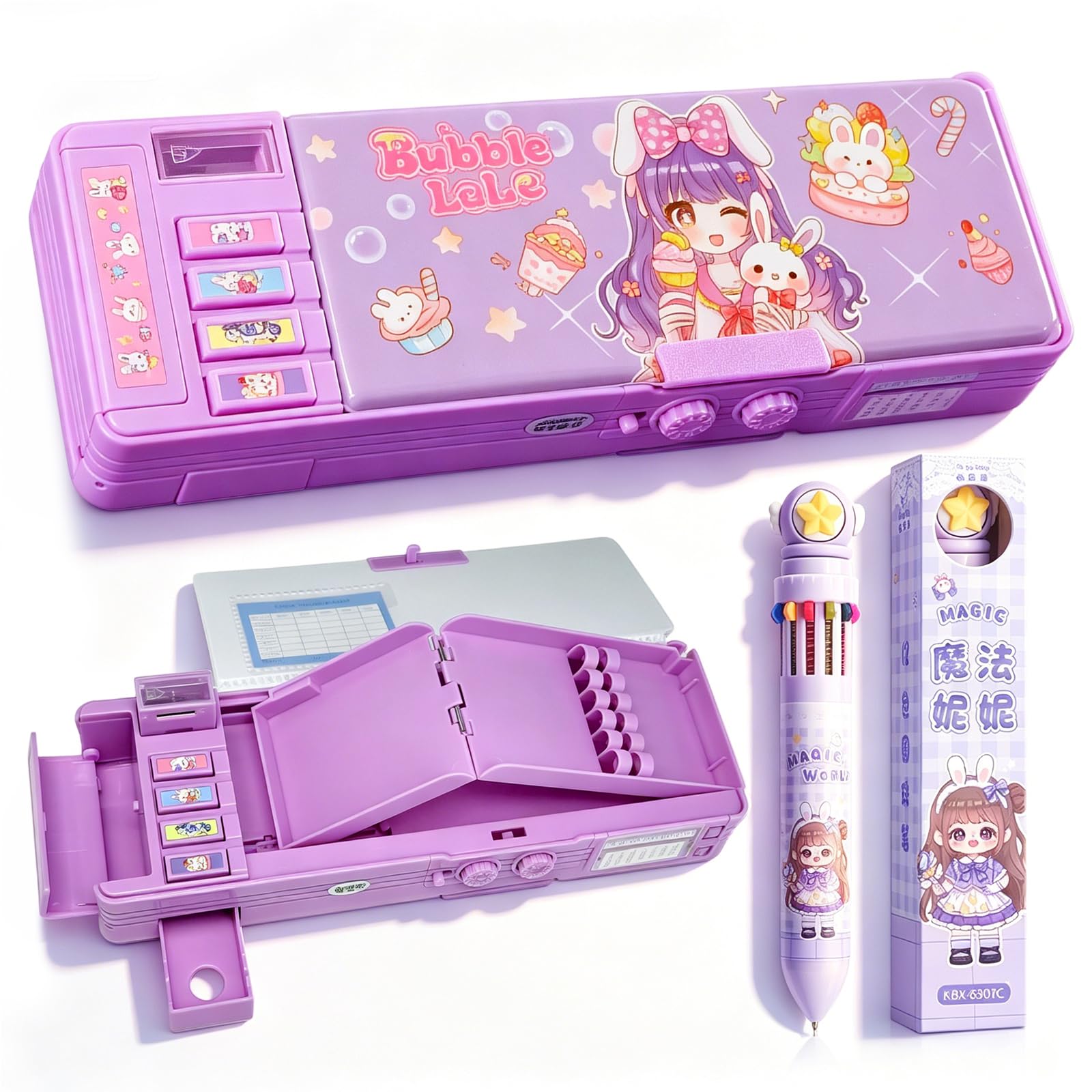 CYGMRFH Pop Up Multifunction Password Lock Pencil Case with Sharpener & 10-in-1 Multicolour Pen, Kawaii Stationery Set for Girls, Cute Pen Box Organiser for Kids Teens, Purple Magical Girl Design
