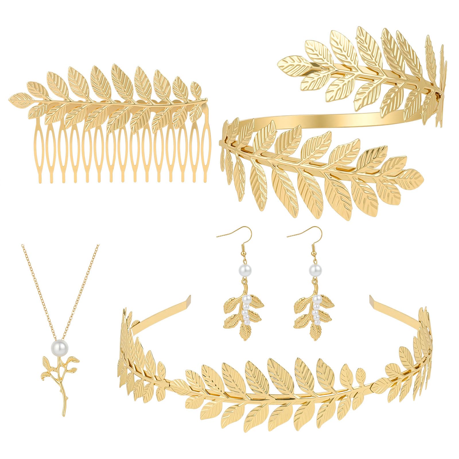 AOOWU 6PCS Greek Goddess Costume Accessories Set for Women (Gold)