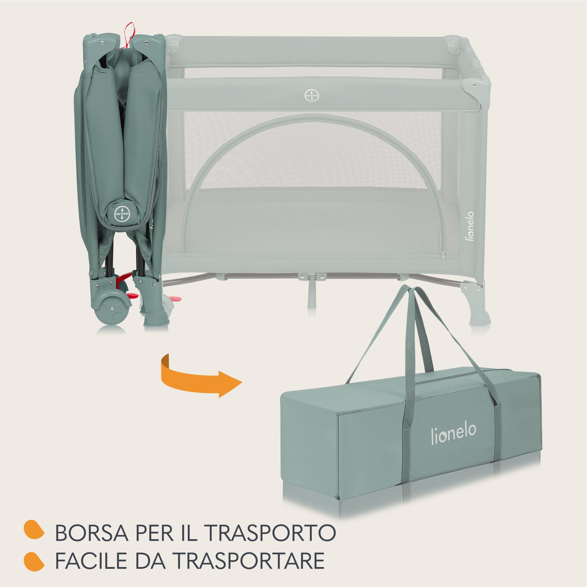 Lionelo LAURA Lettino da viaggio 2 in 1 fino a 15 kg per bambini 0-36 mesi Materassino in schiuma T25 2 livelli altezza Borsa viaggio Ruote con freno