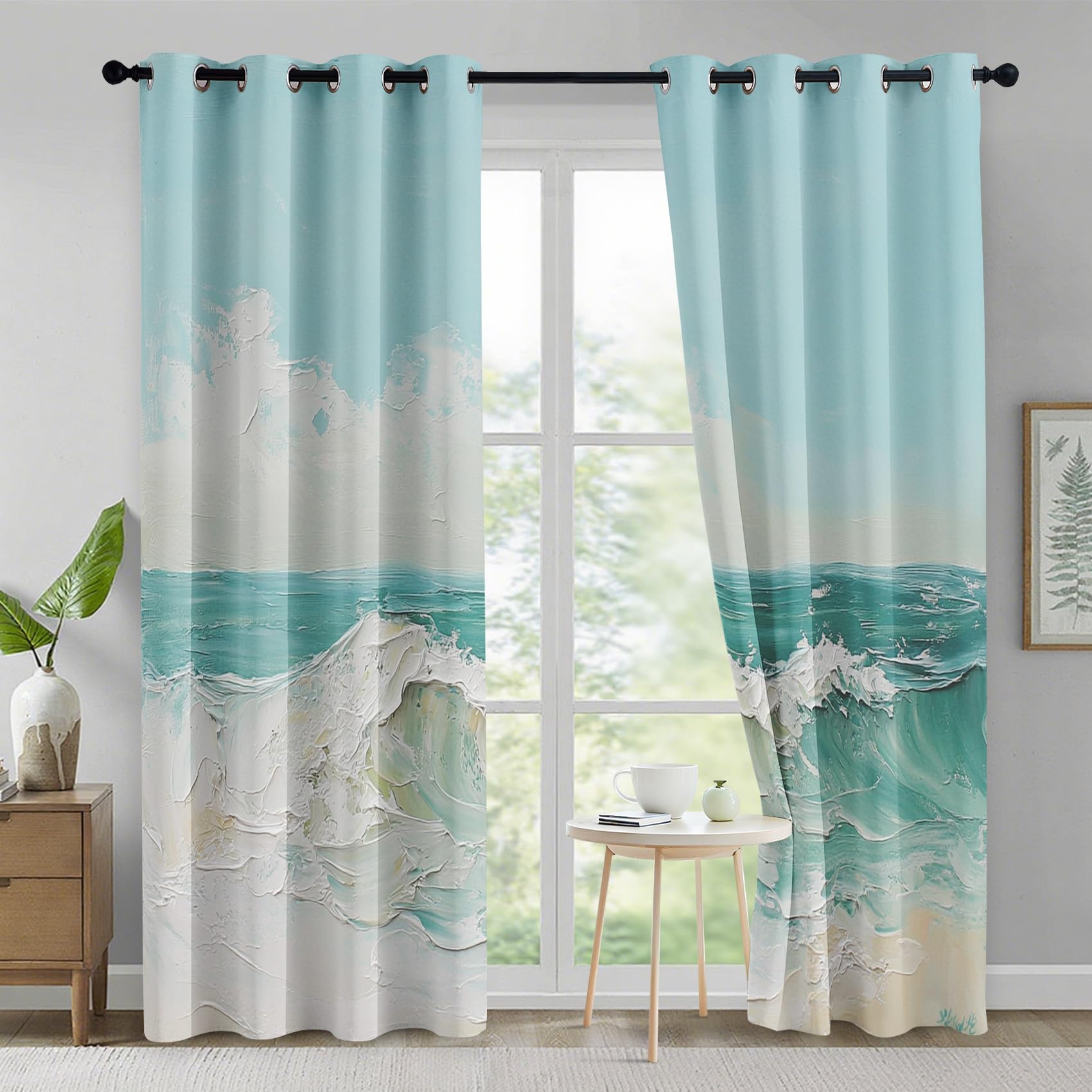 Generisch Meereswelle Vorhänge Wohnzimmer, Vorhang Blickdicht Ölgemälde Wellen Gardinen mit Ösen Schlafzimmer, Thermo Verdunklungsvorhänge 2er Set H200 x B140 cm pw&78