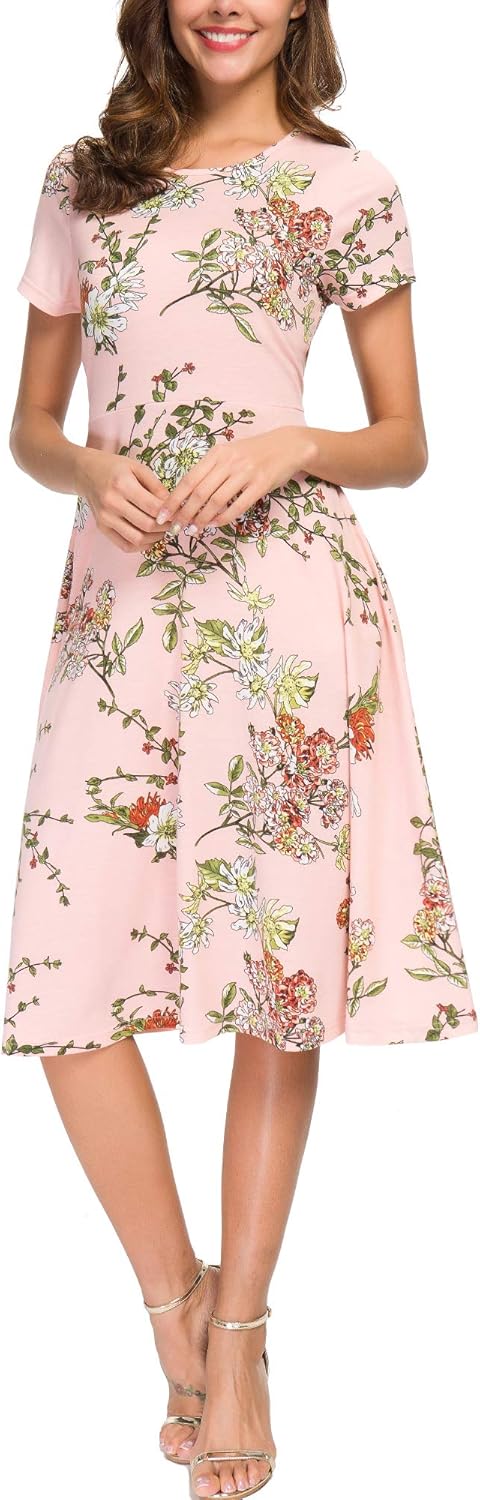 EXCHIC Women's Floral Printed Dress High Waist Midi Dress Short Sleeve - Image 2