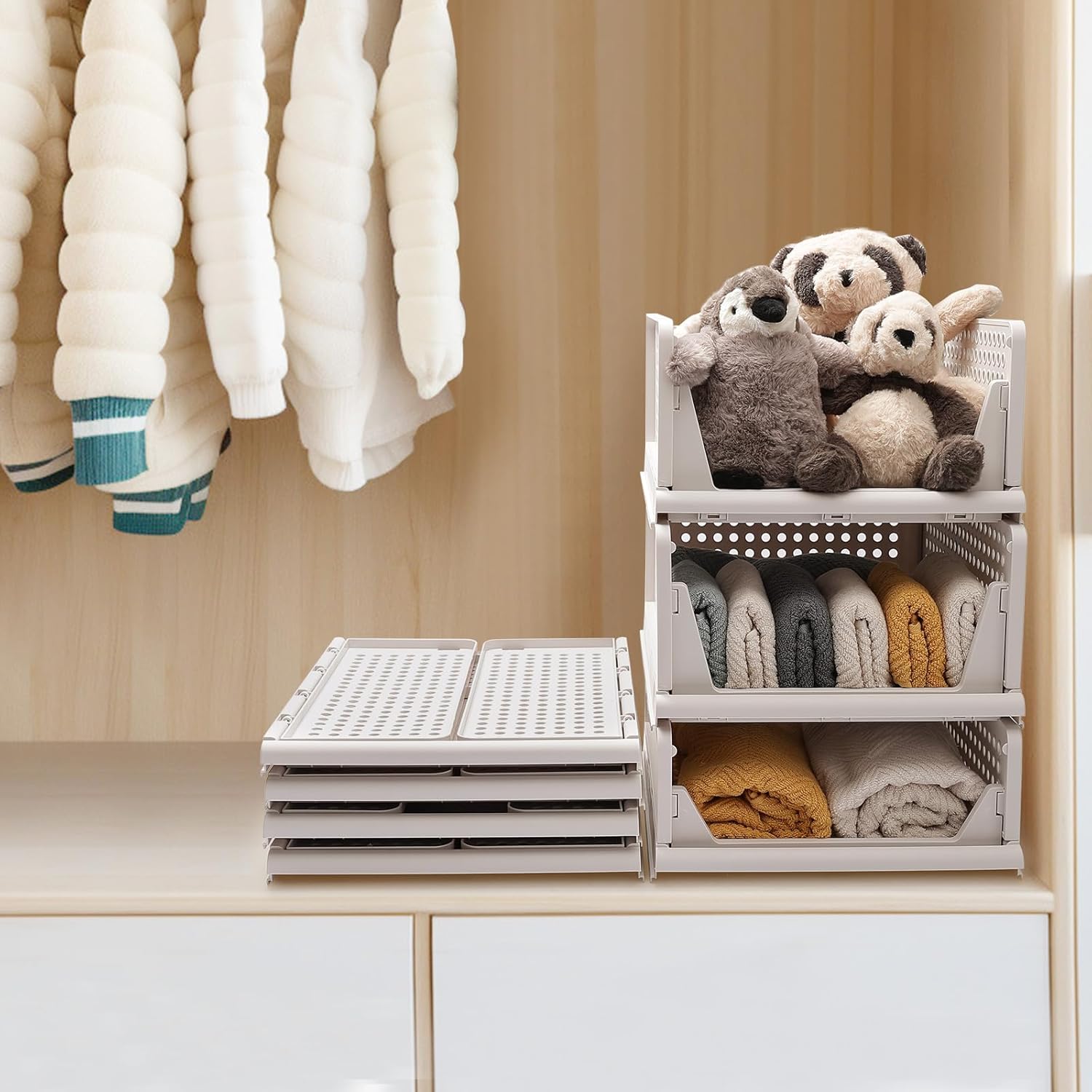 HOUZE Stackable Plastic Storage Basket, 5 Pack Foldable Closet Organizers and Storage Bins, Closet Stackable Drawer Shelf Storage Container for Cupboard Bathroom Office Bedroom (4L+1S)