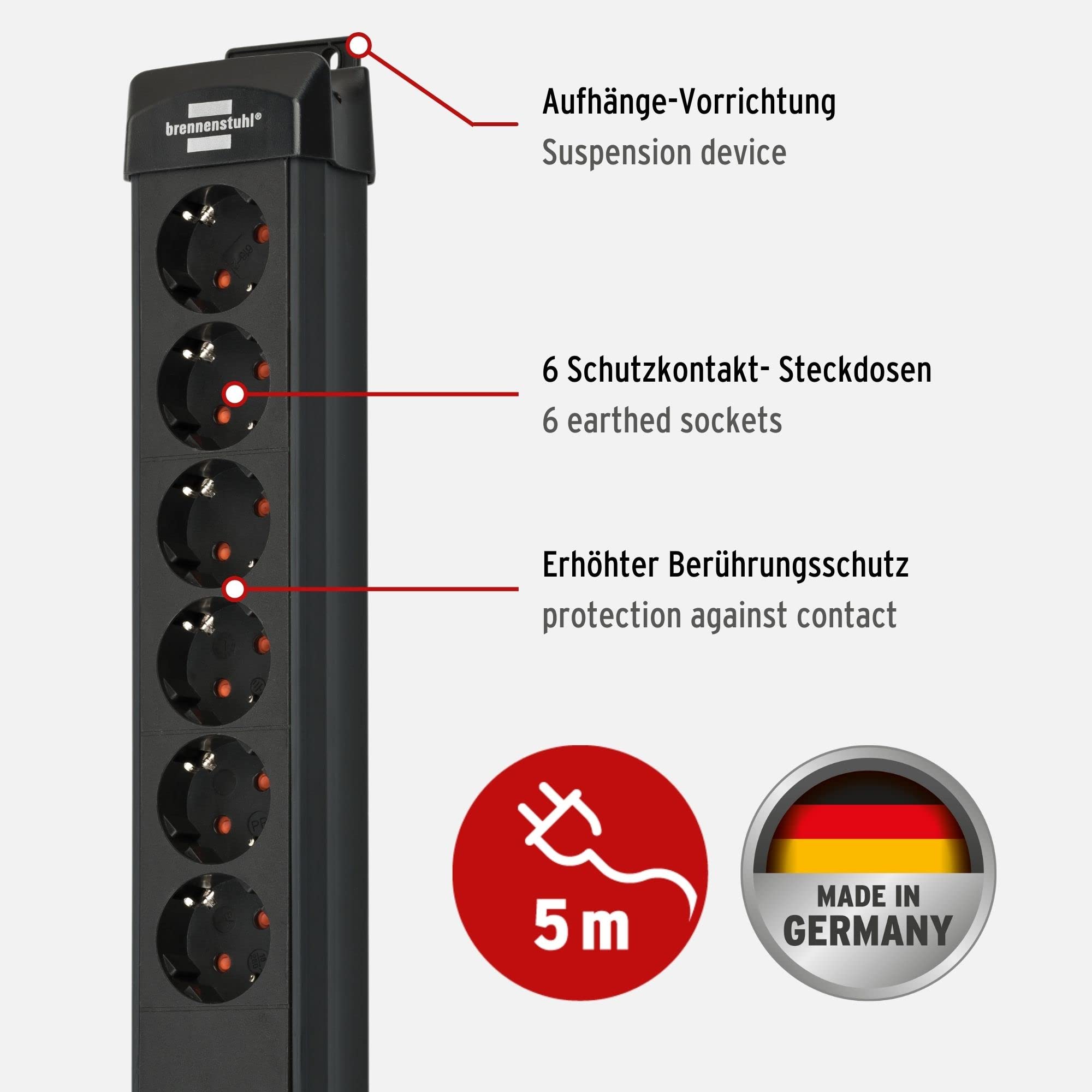 Brennenstuhl Premium Line - Ciabatta elettrica a 6 prese, con protezione da sovratensione, fino a 60.000 A (cavo da 5 m e interruttore, Made in Germany) nero