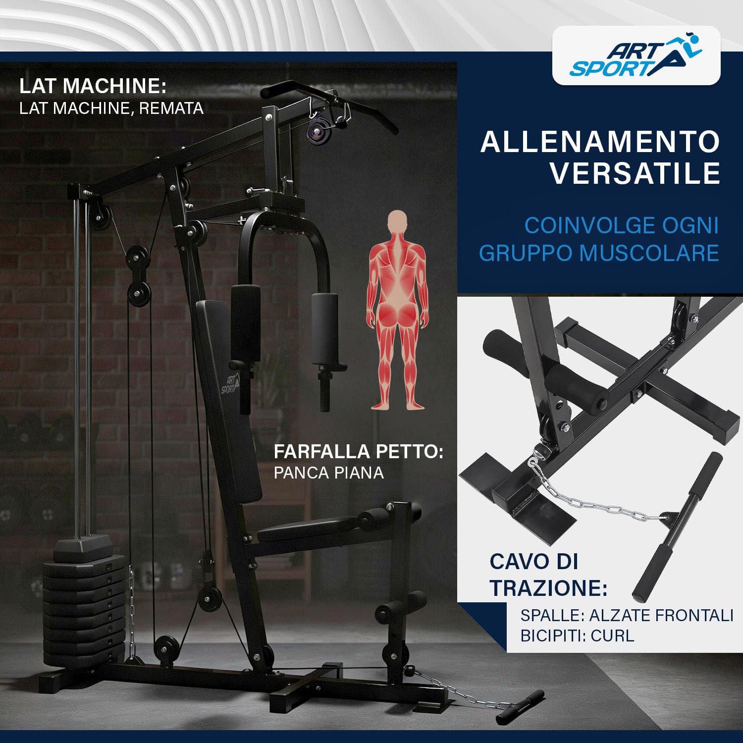 ArtSport Panca Multifunzione ProfiGym 2000 con barra lat e butterfly, cavo di trazione e estensore delle gambe - 9 pesi da 40 kg - Stazione multifunzionale per allenamento a casa