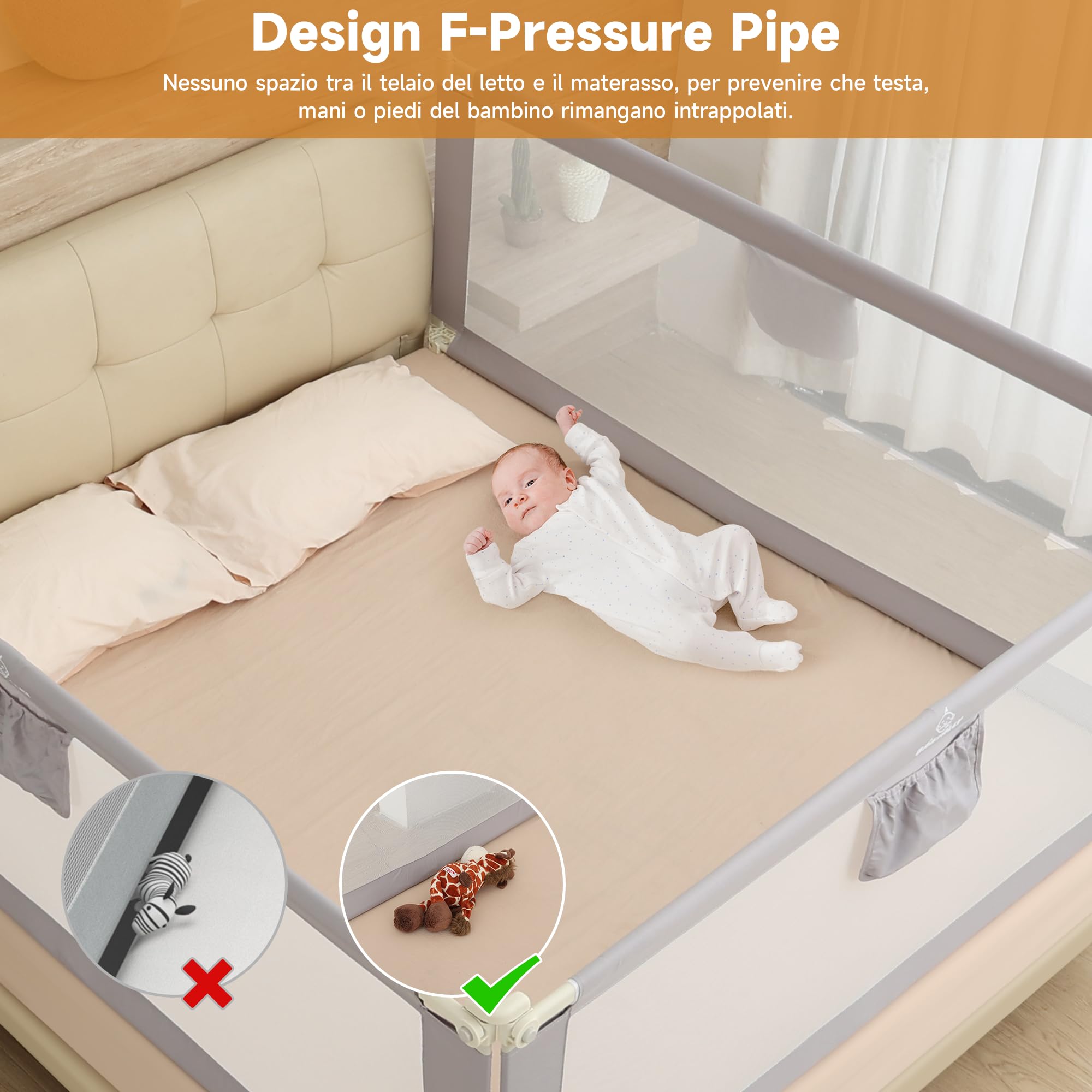 Sponda Letto Bambini 180 cm, Universale Barriera Protettiva Bambini Barriera Letto - Installazione Rapida in 3-5 Minuti, Grigio