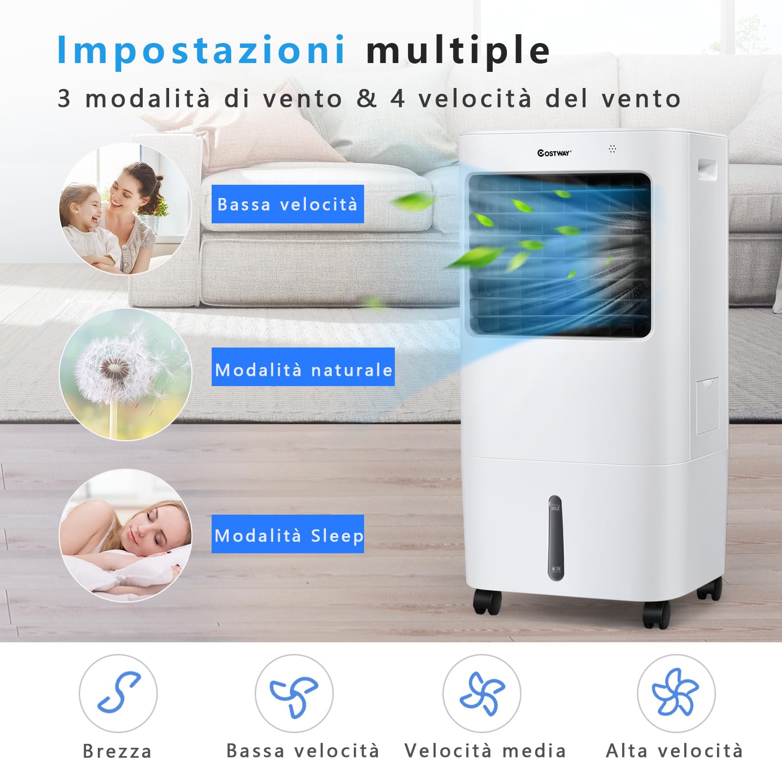 RELAX4LIFE Raffreddatore d'Aria Evaporativo 3 in 1, Serbatoio dell'Acqua 20L,Ventilatore, Umidificatore, 3 Modalità, 4 Velocità, Timer 7,5H, Telecomando, Adatto per Casa, Ufficio