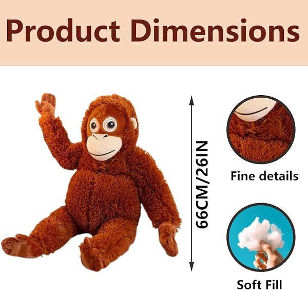 Ligtmor Großes Orang Utan Kuscheltier - 66cm Plüschaffe, Klammeraffe Plüschtier für Kinder, Weiches AFFE Kuscheltier als Geschenk, Ideal für Fans & Tierliebhaber - 2