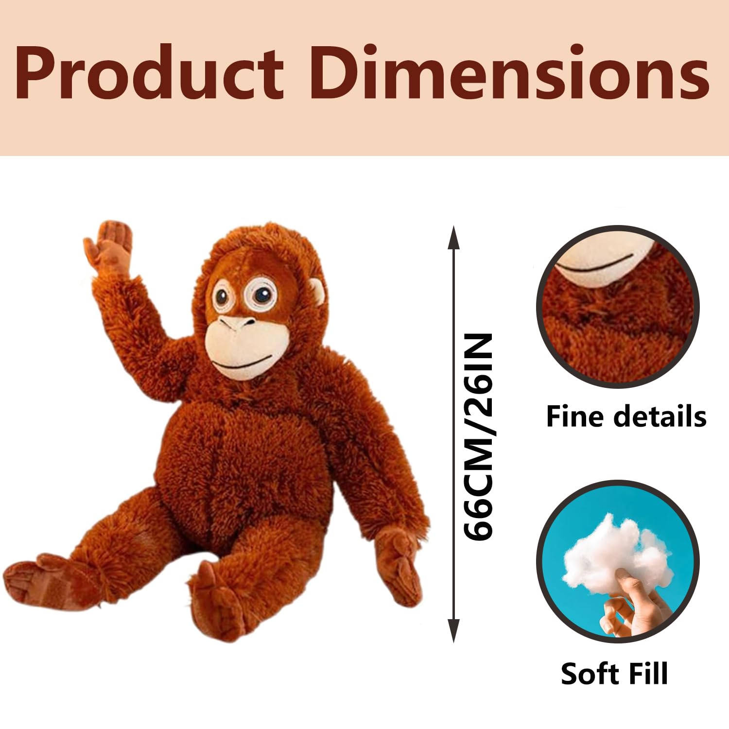Ligtmor Großes Orang Utan Kuscheltier - 66cm Plüschaffe, Klammeraffe Plüschtier für Kinder, Weiches AFFE Kuscheltier als Geschenk, Ideal für Fans & Tierliebhaber - 2
