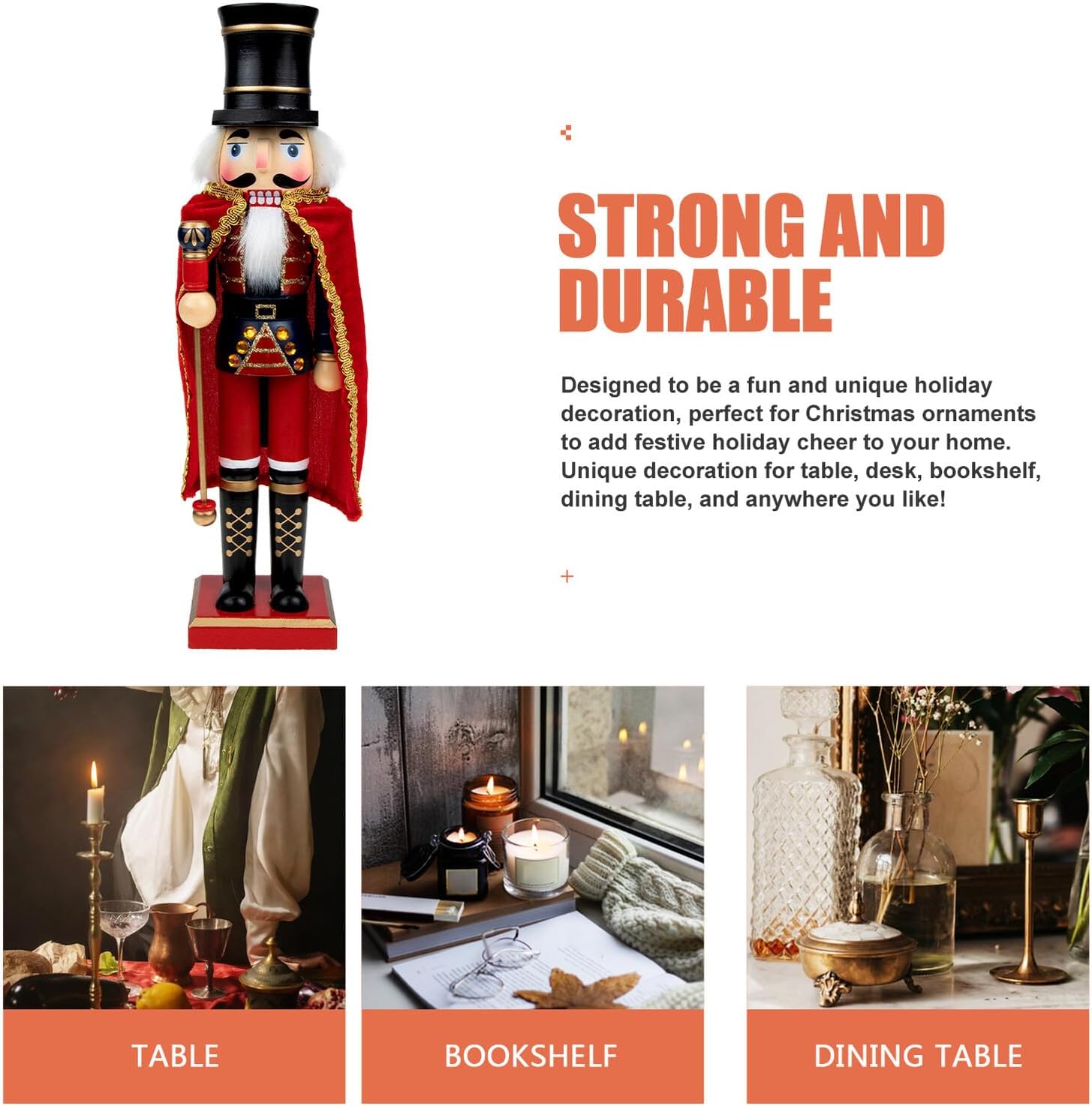 Wooden Nutcracker Figurine with Red Cape, 38cm Christmas Nutcracker Decoration for Garden and Living Room Holiday Ornament, Classic Soldier Xmas Desktop Decor