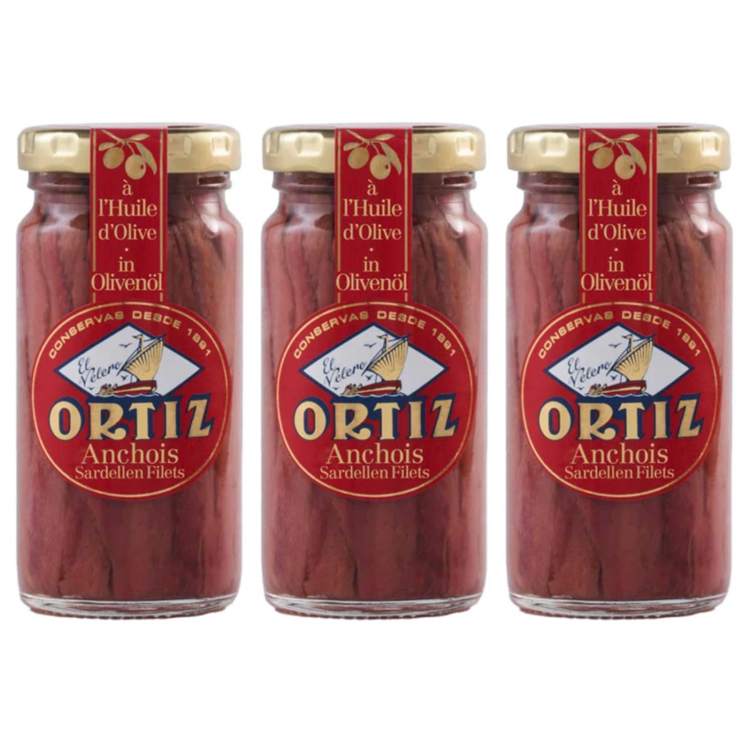 Ortiz Anchoas En Aceite De Oliva Anchovies Sardellenfilets in Olivenöl Spanien inkl. FeinWert E-Book (3 x 95g)