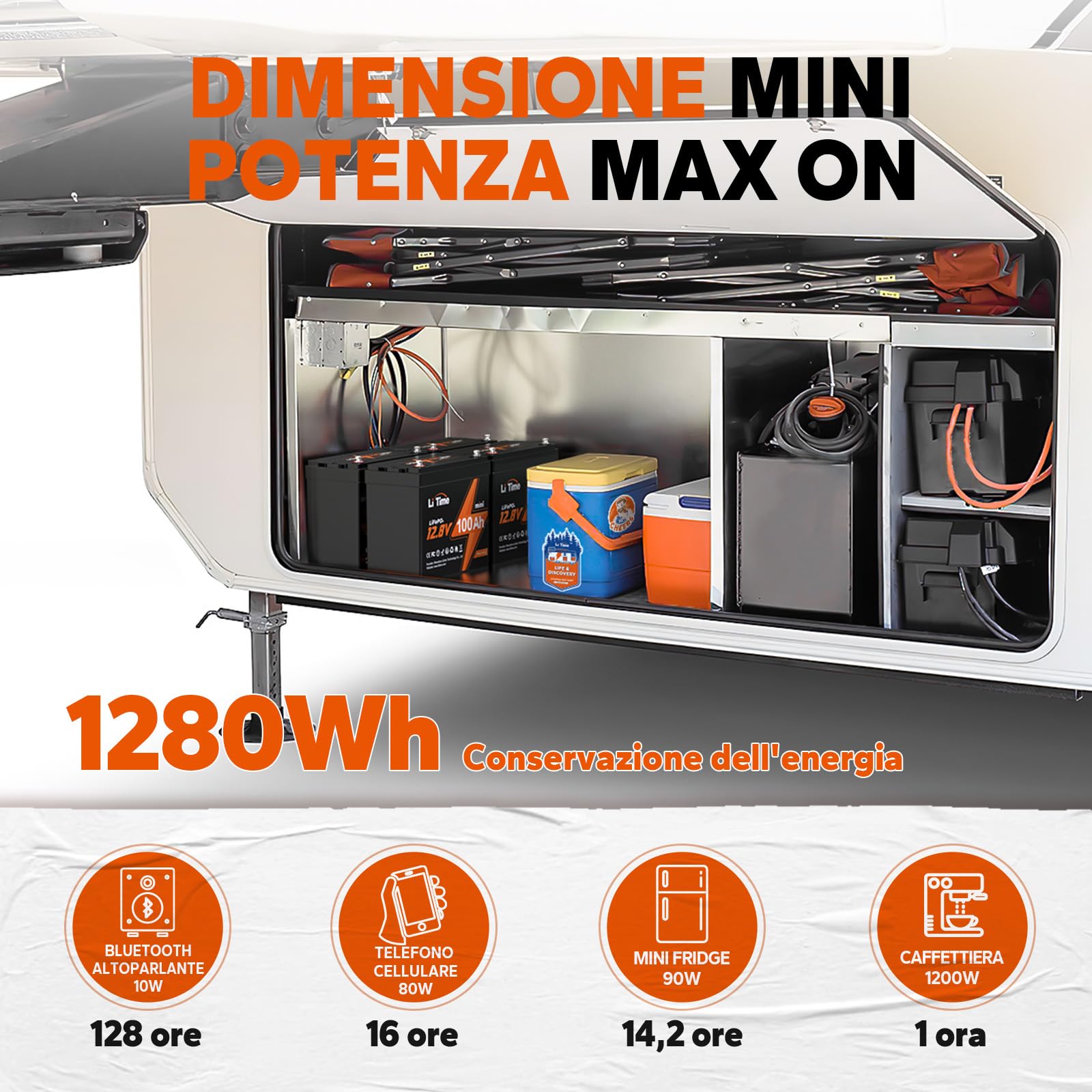 LiTime Batteria Lifepo4 12V 100Ah MINI, Batteria Litio con BMS 100A e 4000-15000 Cicli, Di Piccole Dimensioni e Senza Manutenzione, Batteria Litio 12V Adatta per Caravan, Sistemi Solari, Barche
