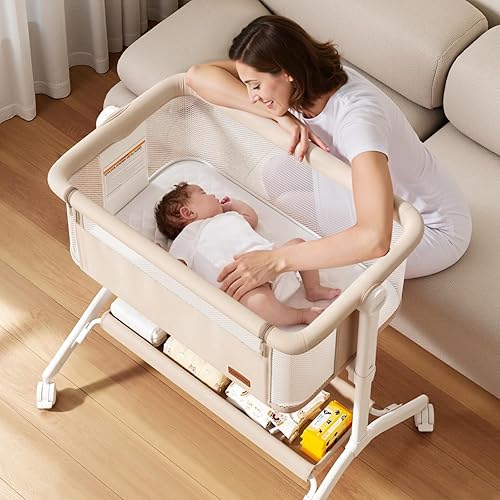 Miniatura 2 de Moisés de noche, diseño de malla, moisés portátil para bebé con colchón lavable, 5 alturas ajustables (beige)