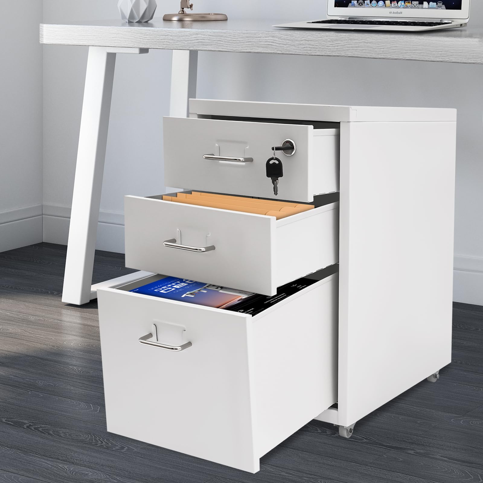 Archivador vertical con cerradura, almacenamiento de metal rodante de 3 cajones para suministros de oficina y archivos estándar, diseño móvil con ruedas, solución de organización segura