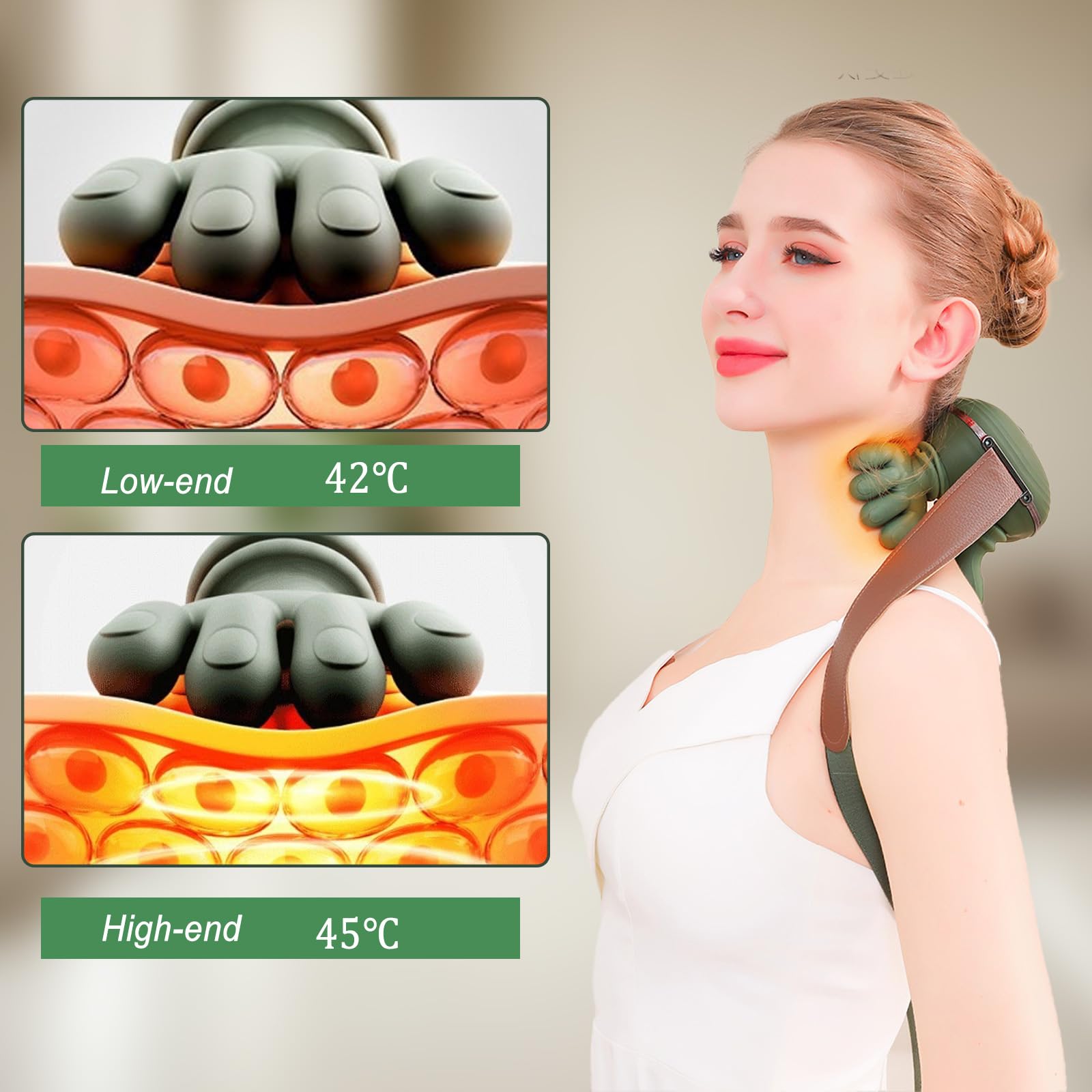 Masajeador de Cuello 4D Inalambrico, Masajeador Cervical y Espalda con Calor, Masajeador Cuello Eléctrico a Mano Biónica con 3 Niveles de Intensidad, para Relajar Músculos, Verde