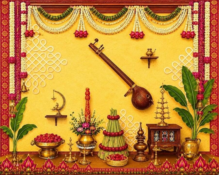 Image of varalakshmi Backdrop Cloth | Backdrop with Veena Floral Garland & Pooja Decoration Yellow Backdrop 8x8 Feet | Wedding Backdrop Decoration Cloth