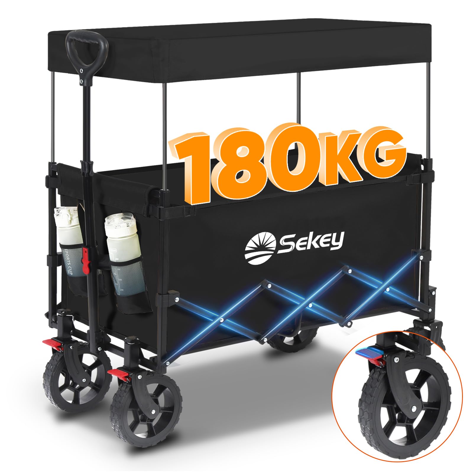 Sekey 250L Large Folding Camping Trolley with Removable Canopy, Heavy-Duty Collapsible Wagon Cart Loadable up to 180KG, Patented Four-Directional Foldable Design Outdoor Cart for Garden Beach, Black