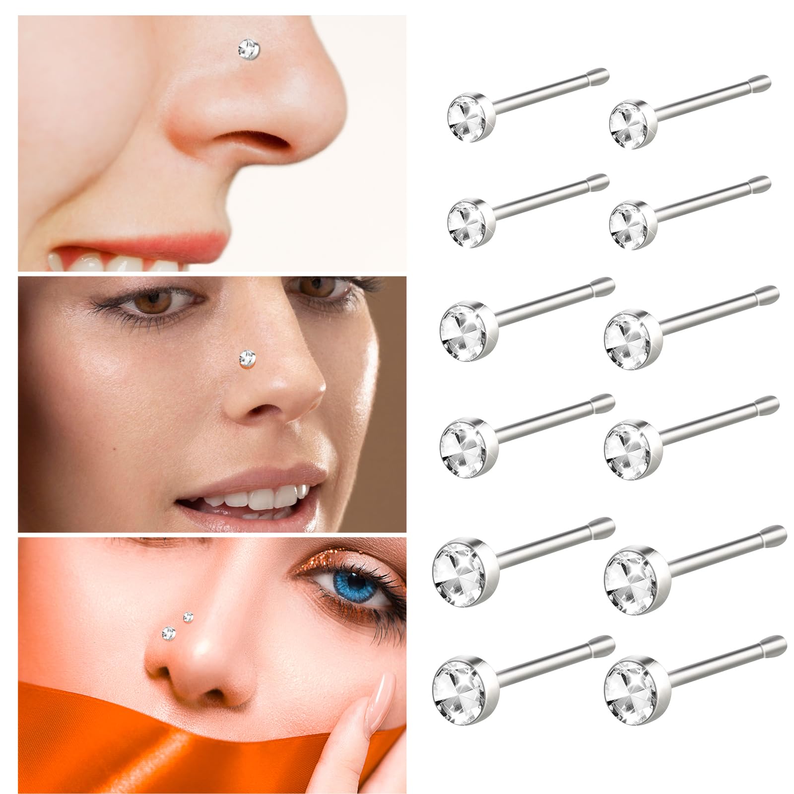 Yolev 60 Stück Nasenstecker Chirurgenstahl Nasenpiercing Stecker Gerader | Silberner Nasenring Ohrstecker Körper Kleiner Piercing Nase Schmuck mit Verpackung 1,5/2/2,5 mm Nostril Piercings Stecker