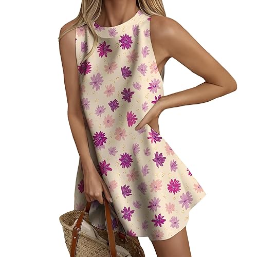 Sleeveless Mini Dress for Women Floral Print A-Line Boat Neck
