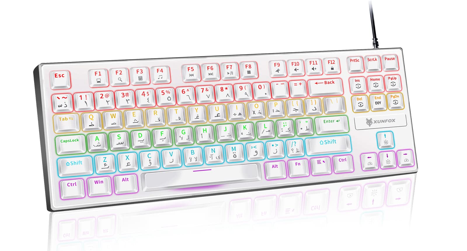 UCHUANG English Arabic Mechanical Gaming Keyboard with RGB LED Rainbow Backlit, Quick Response USB Wired Waterproof 87 Keys Keyboard for Windows/MacOS/Android PC Gamers - White/Blue Switch