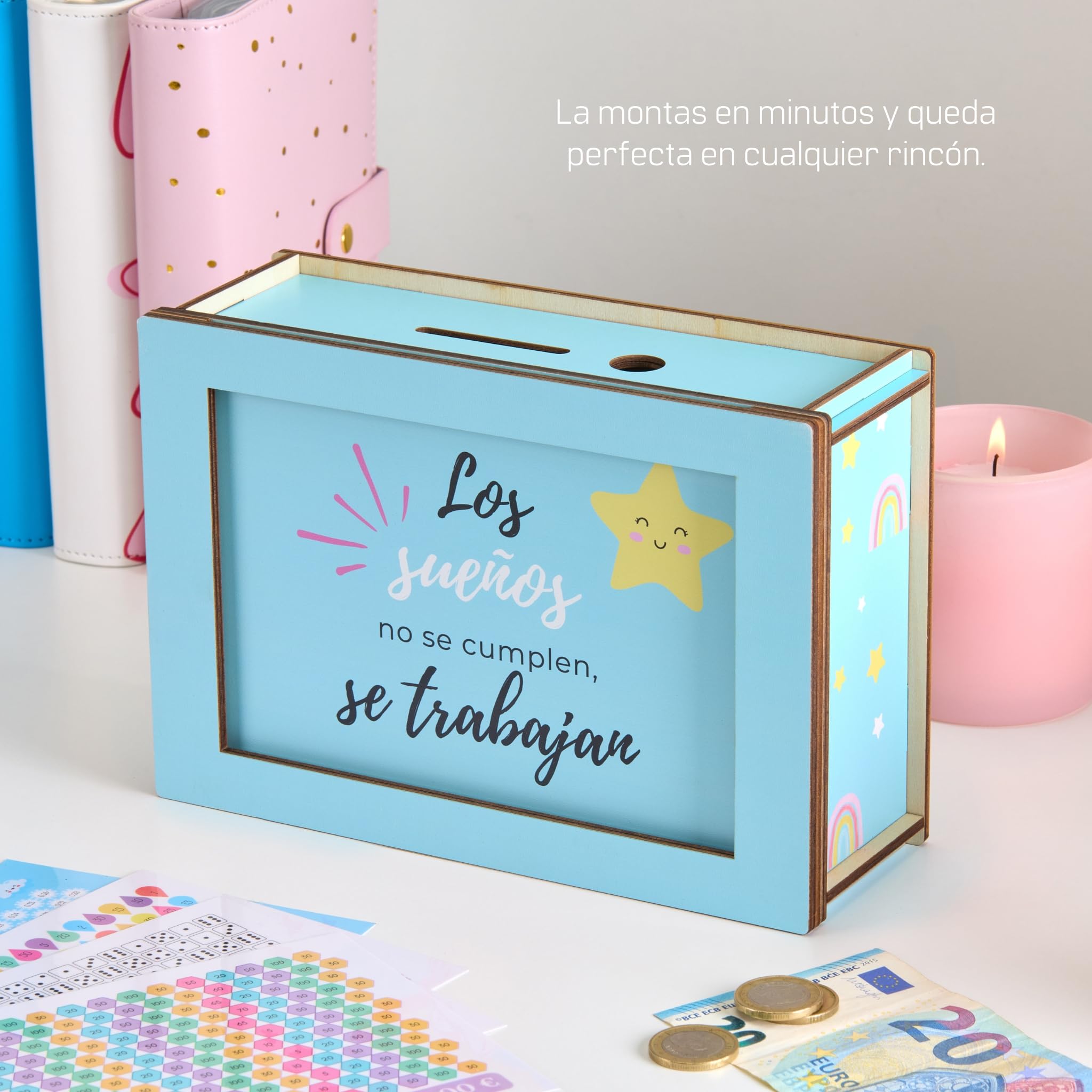 WHEN PIGS FLY - Hucha Ahorro Reutilizable (Azul) | Huchas de Dinero para Adultos Y Niños - Alcancia para Adultos con Retos de Ahorro Plastificadosv