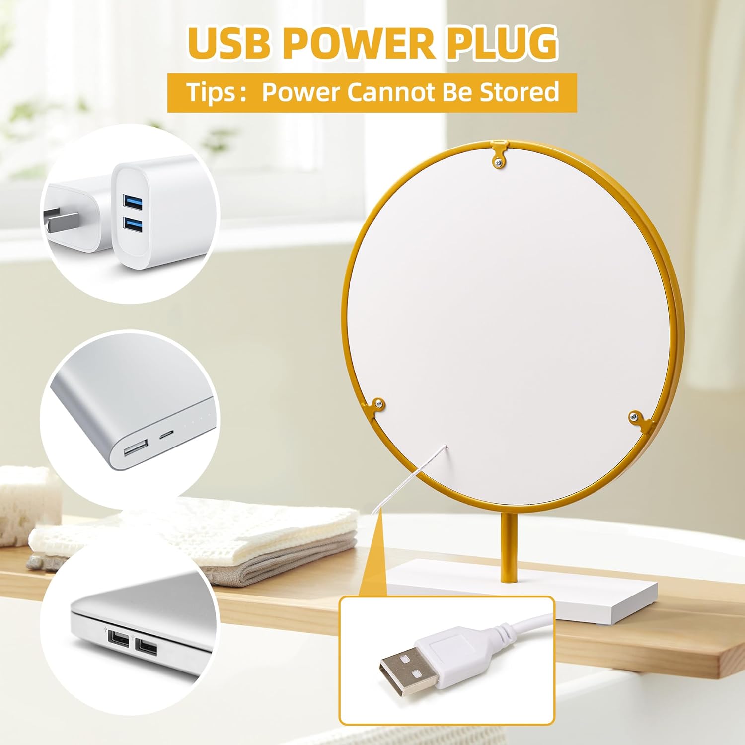 Lighted Makeup Mirror, Vanity Mirror with USB Plug, 3 Colors Brightness Dimmable Table Mirror, Round Mirror, Cosmetic Mirror, Brightness Adjustable, Gold