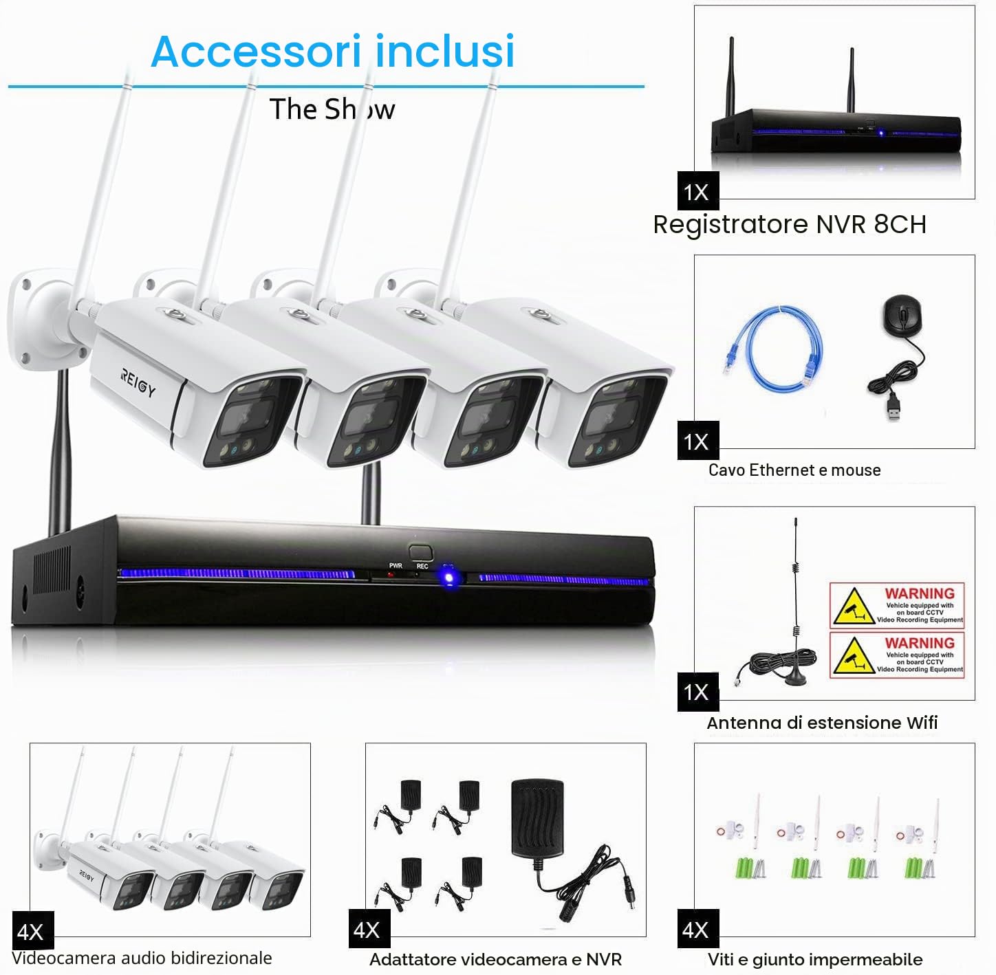 REIGY 3MP Kit Videosorveglianza Wifi Esterno con Spotlight, Telecamera Sorveglianza IP 4x 1296P VideoCamera, Sistema di Sicurezza Interno con Visione Notturna a Colori, Audio Bidirezionale Senza HDD