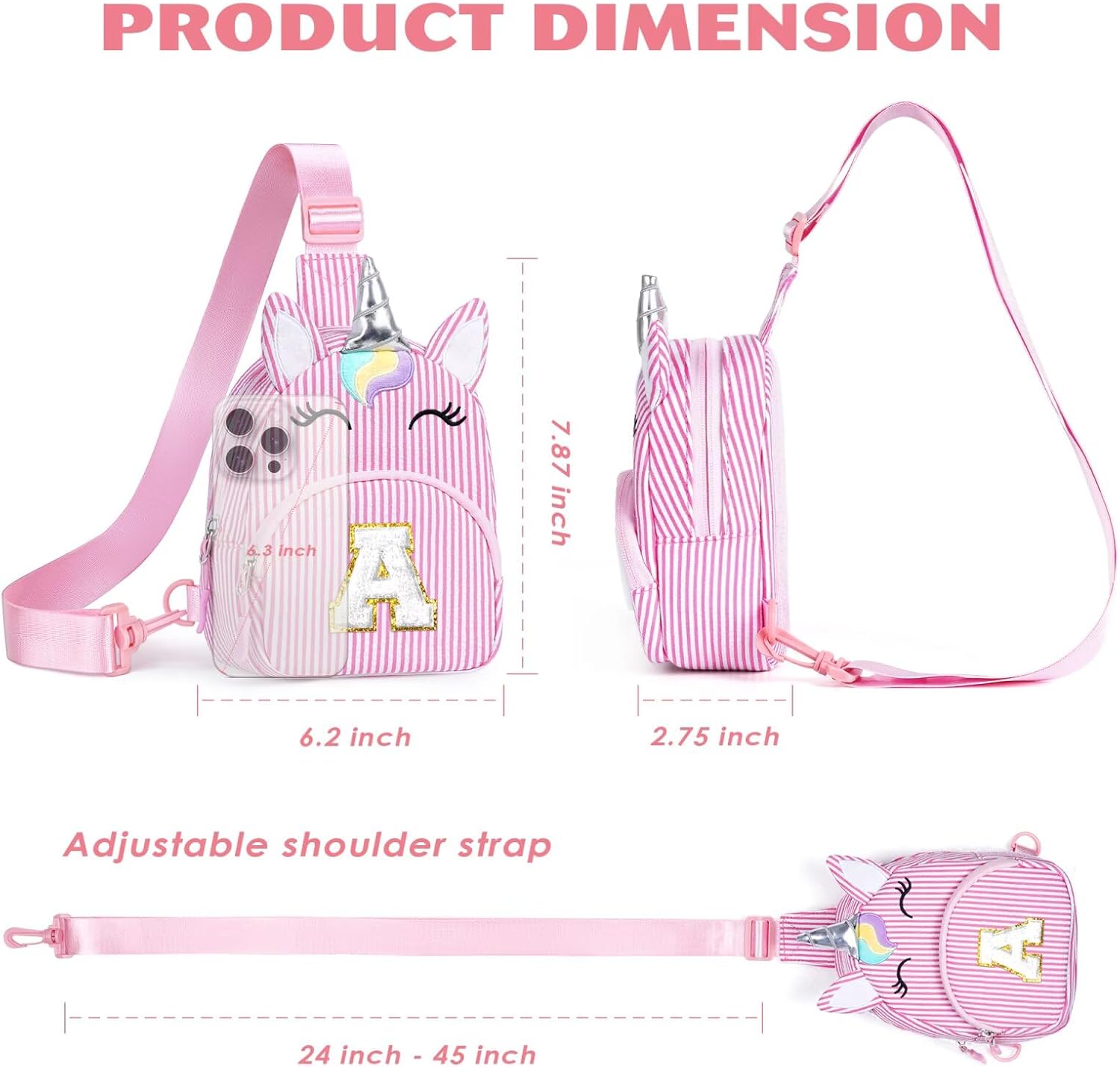 YOOLIFE Birthday Gifts for 2 3 4 5 6 7 8 Year Old Girls, Small Sling Bag Initial Fanny Pack for Girls, Unicorn Crossbody Bag Purse Cute Gifts for Little Girl, Pink (A) - Image 7