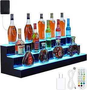 3 Tiers LED Lighted Liquor Bottle Display,30in LED Liquor Shelf with Remote & App Control,Bottle Shelf 16 Colors,4 Modes,Multi-Color Lighting Modes,Bars