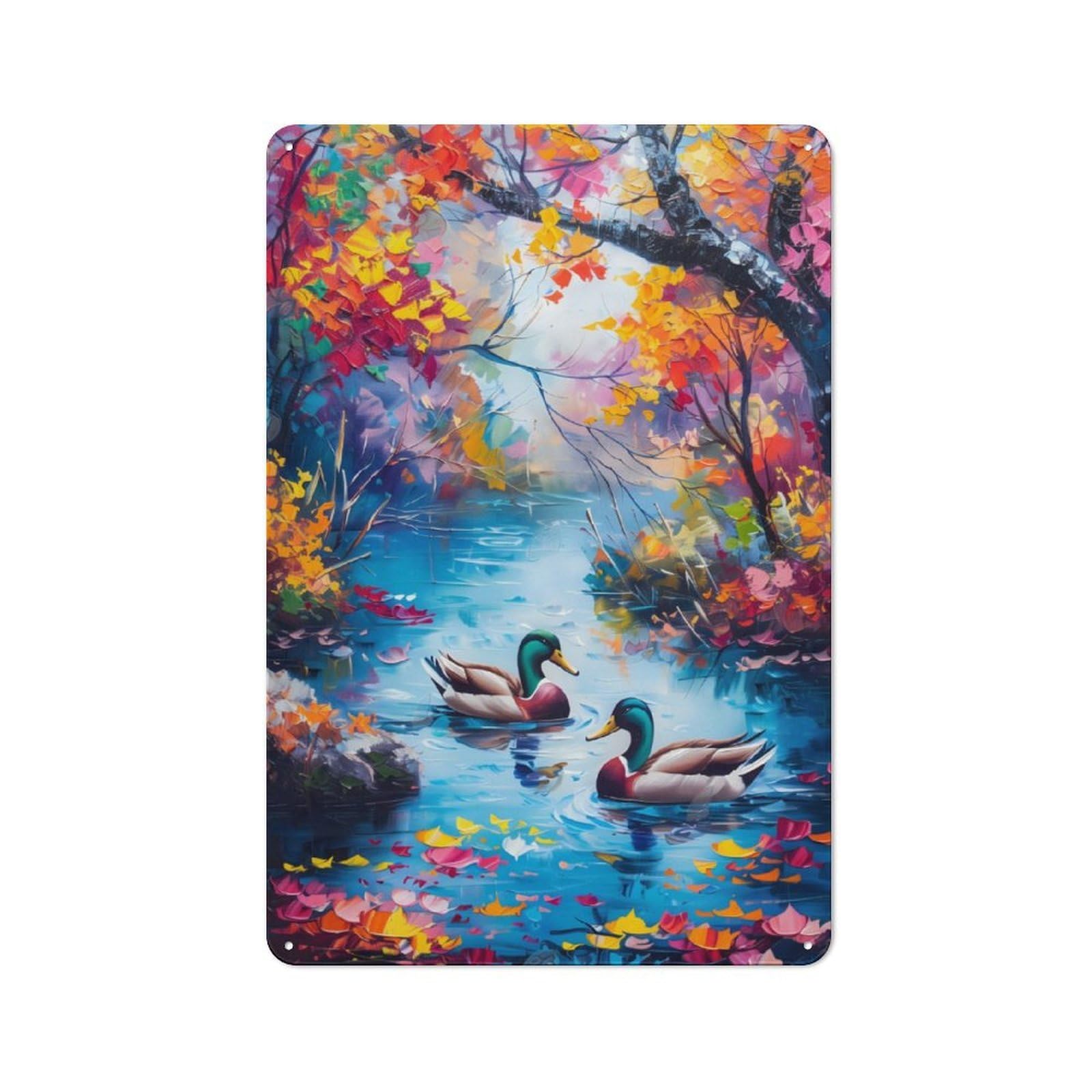 Junmoney Autumn Ducks By The Lake Metal Wall Plaque 30X20cm, Vintage Nostalgic Wall Art For Bedroom, Office, Home Bar Or Dining Room