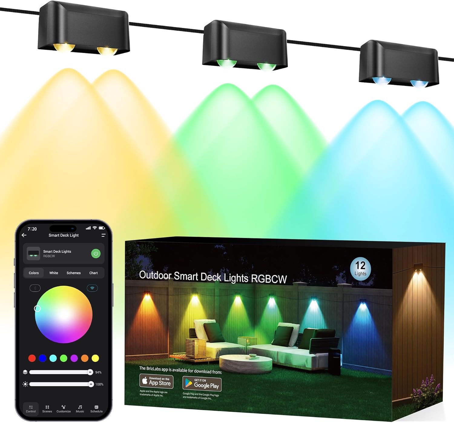 Brizled Smart Outdoor Fence Lights, 12 Lamps Tunable White + RGB Deck Lights APP Controlled Compatible with Alexa & Google Home, Music Sync Fence Outdoor Lighting for Garden Backyard Yard Home Decor