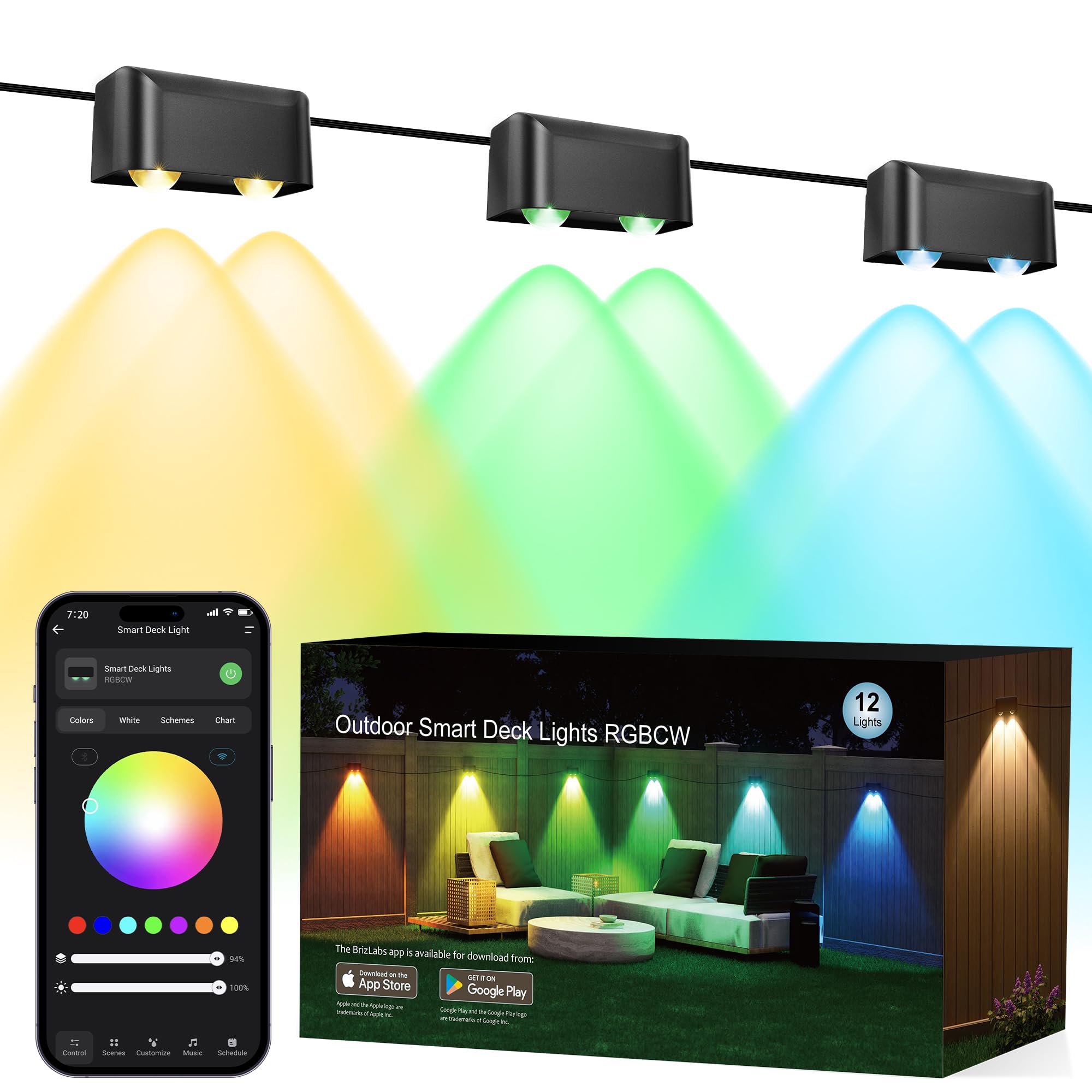 Photo 1 of Brizled Smart RGBCW Fence Lights Outdoor, Red White Blue Deck Lights APP Controlled Compatible with Alexa & Google Home, Music Sync Fence Lighting for July 4th Garden Backyard Yard, 72.18ft 12 Pack