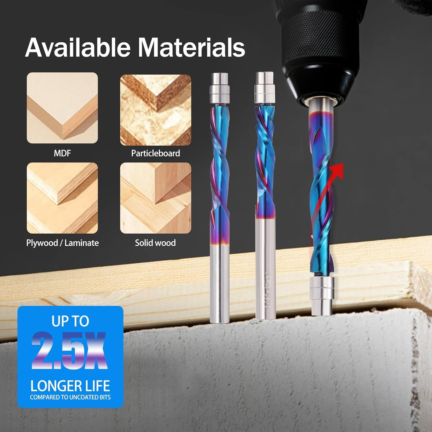 3 PCS Spiral Flush Trim Router Bit Set,1/4" Shank, Nano Blue Coated,Compression Router Bit Downcut & Upcut Bits for Wood Trimming Edge Cleaning